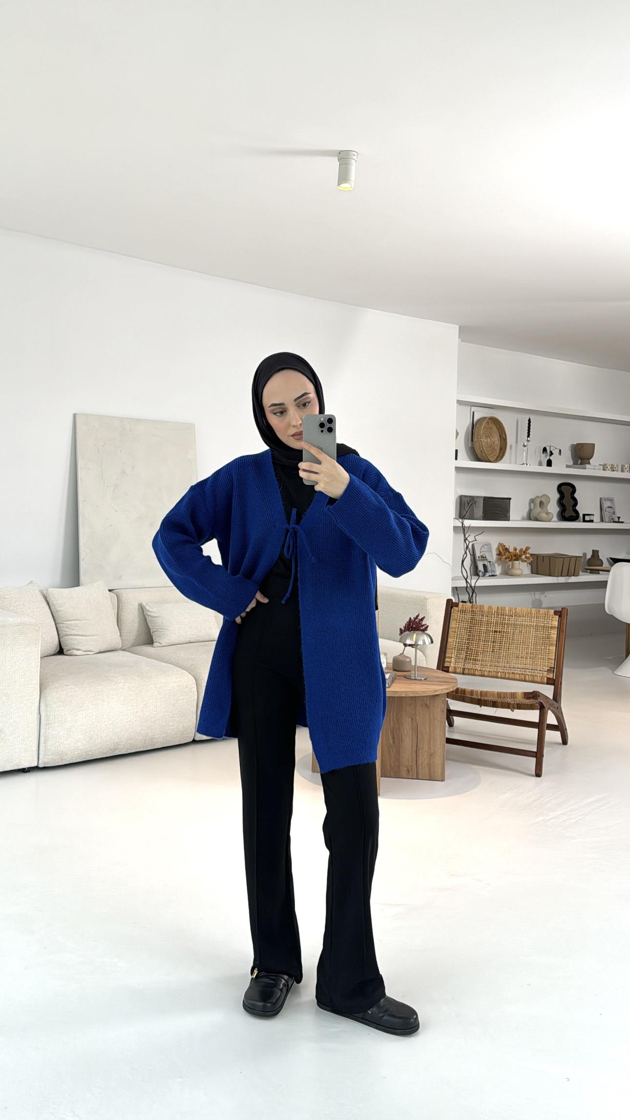 Bağlamalı Triko Hırka Saks