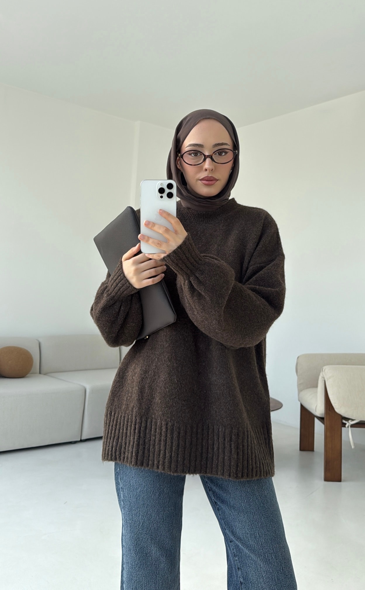 Balon Kol Yumuşak Kazak Kahve