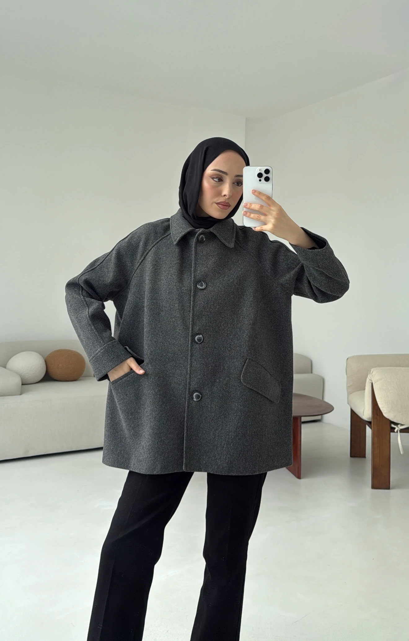 Ön Düğmeli Kaban Antrasit