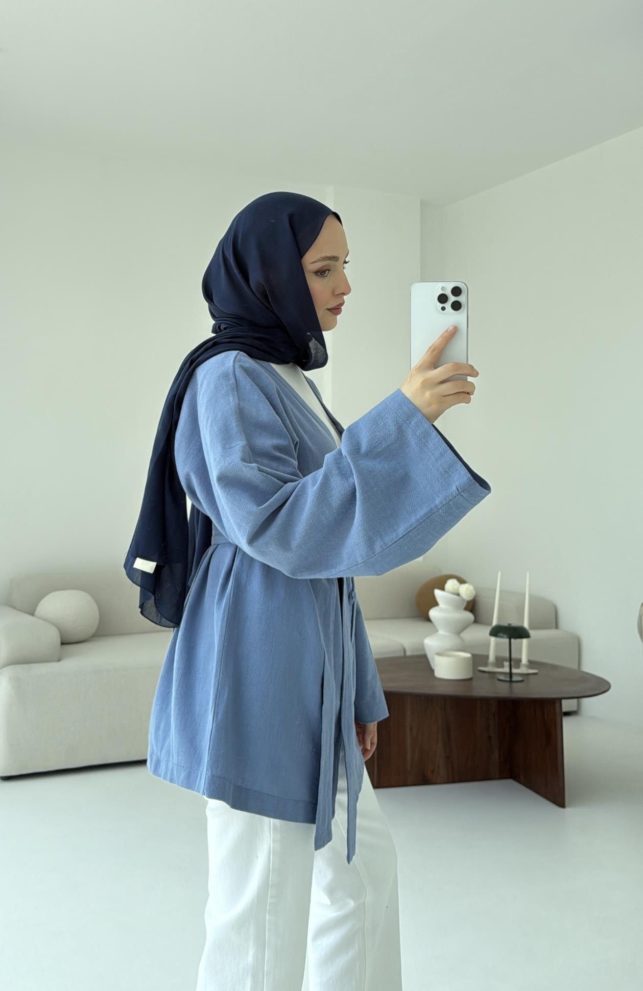 Linen Düğmeli Kimono Mavi