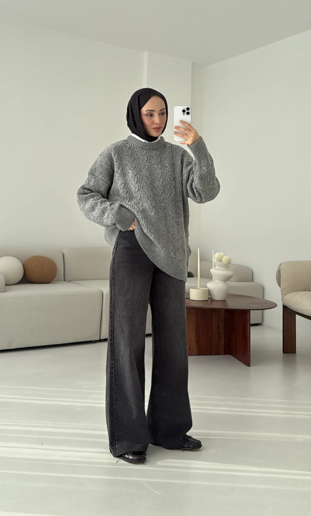 Kalın Saç Örgü Kazak Gri 