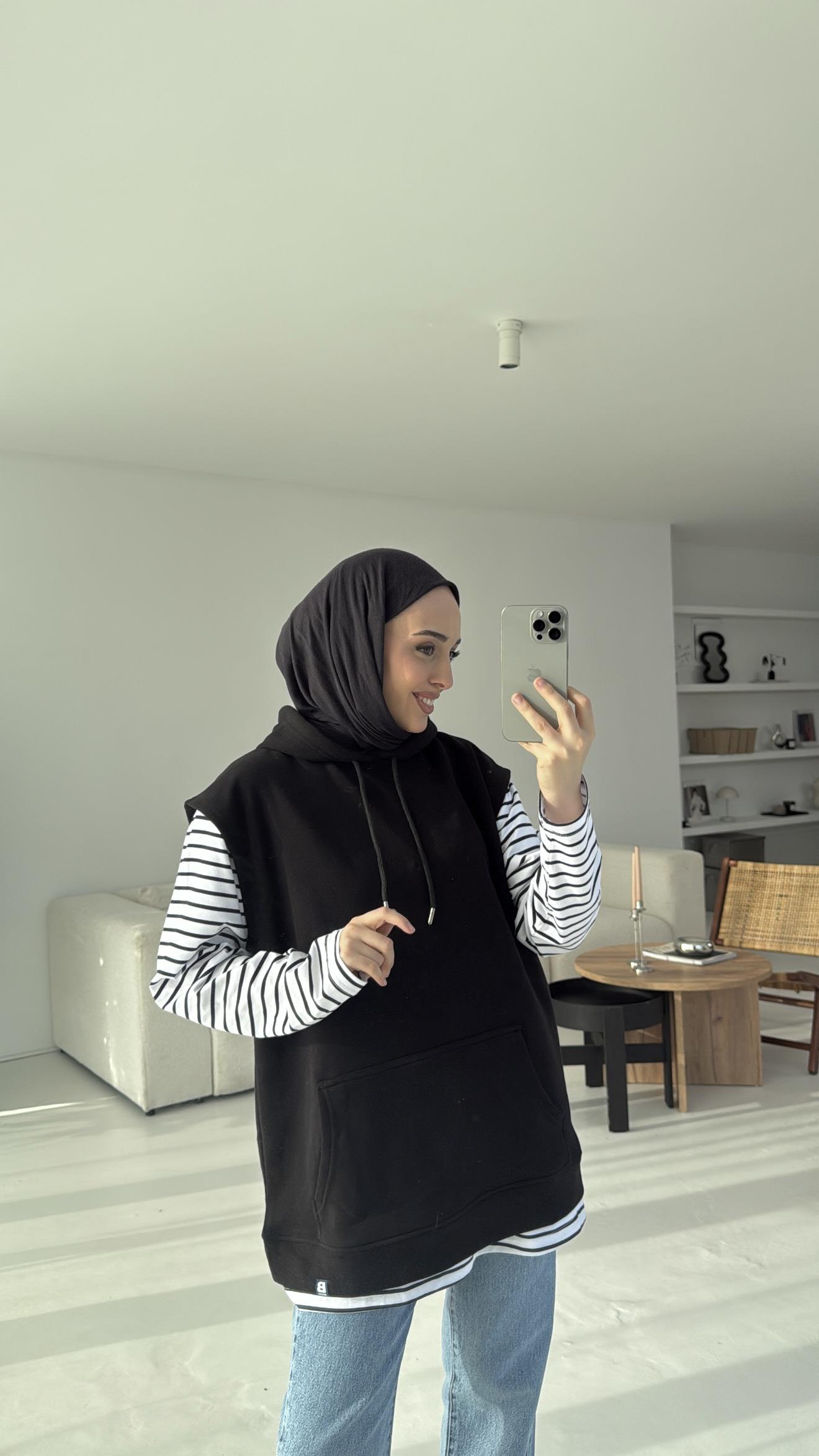 Kapüşonlu Çizgili İki Parçalı Sweat Siyah