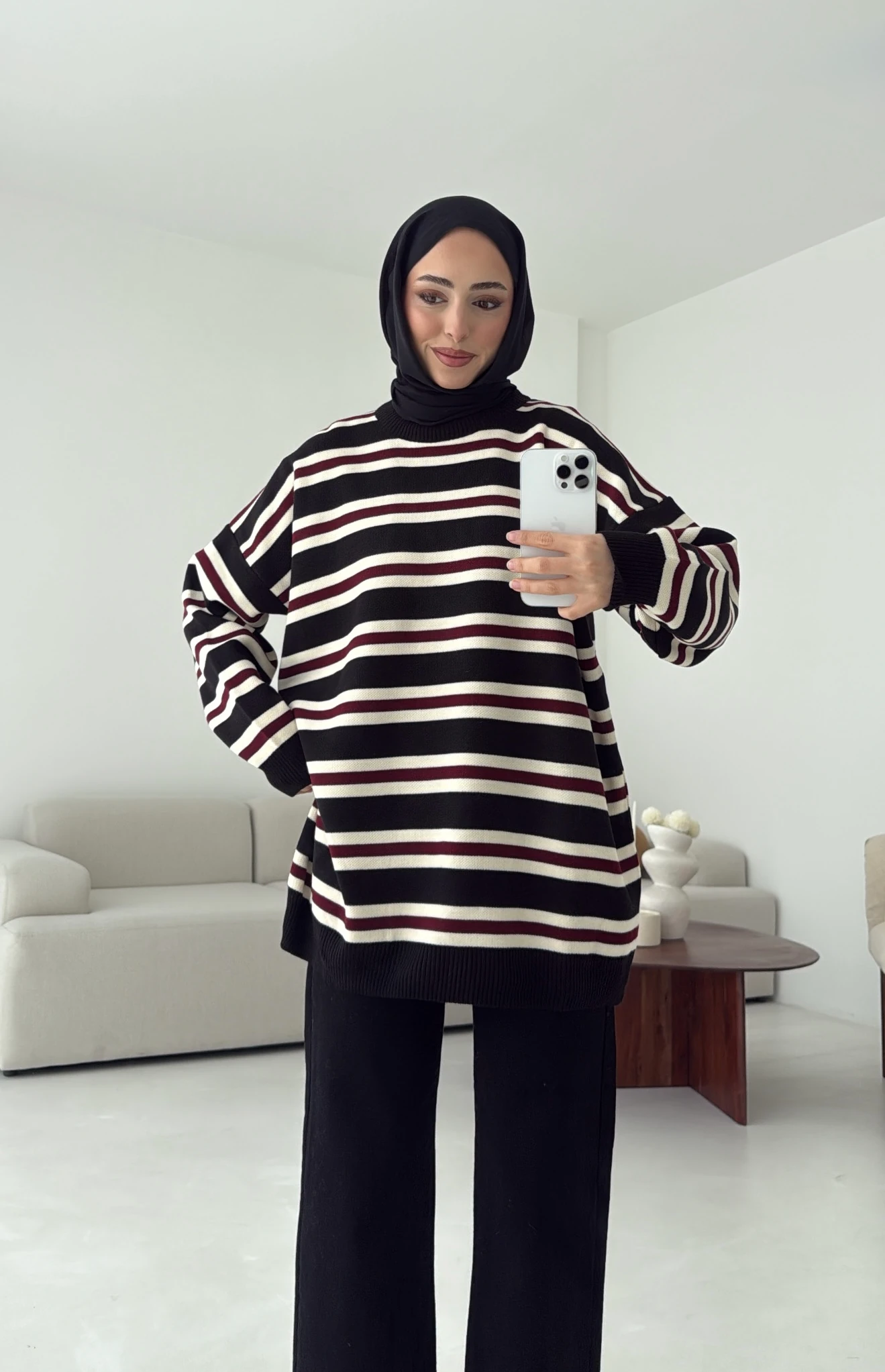 Bisiklet Yaka Çizgili Uzun Triko Kazak Siyah