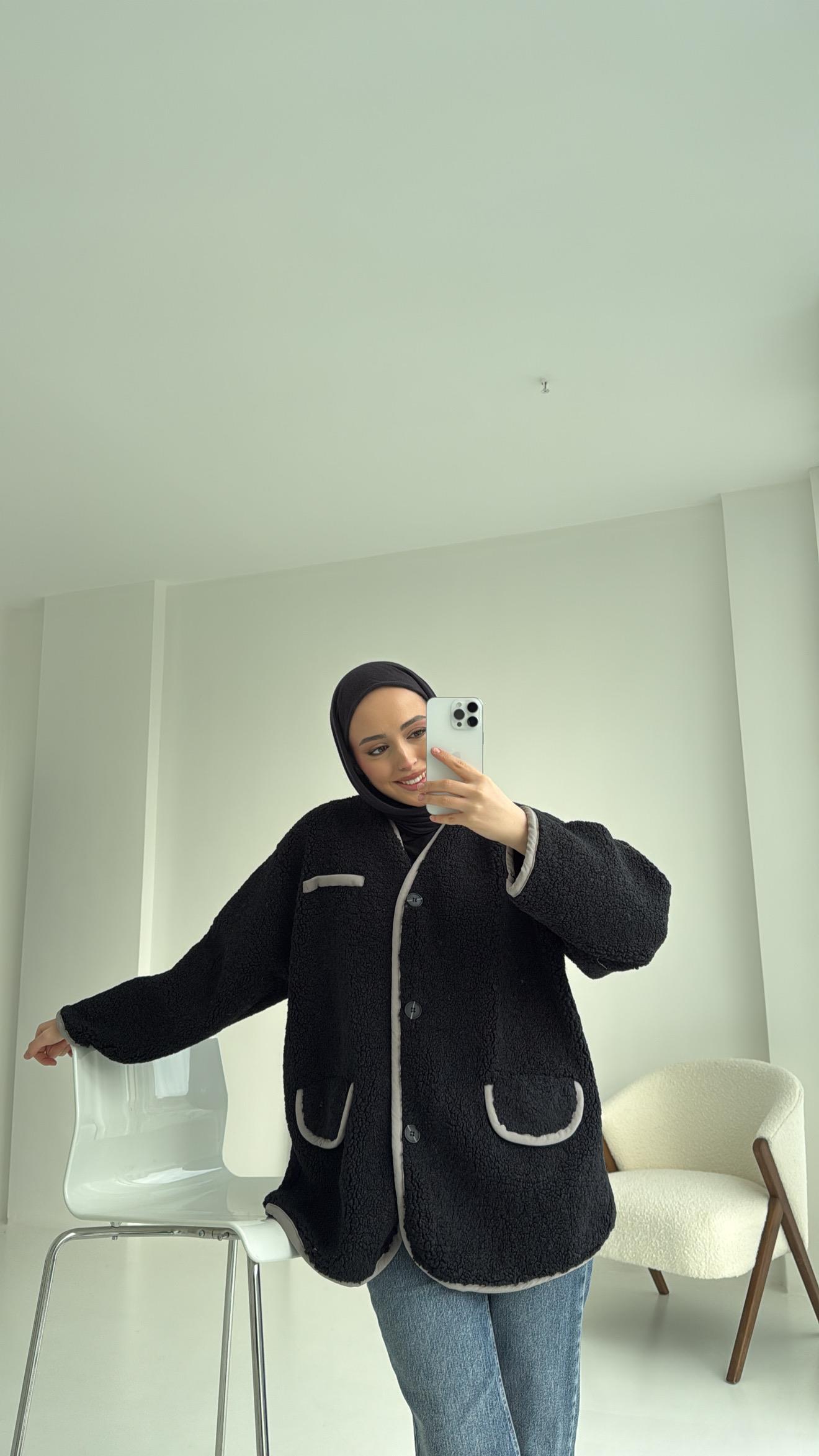 Düğmeli Oversize Teddy Ceket Siyah