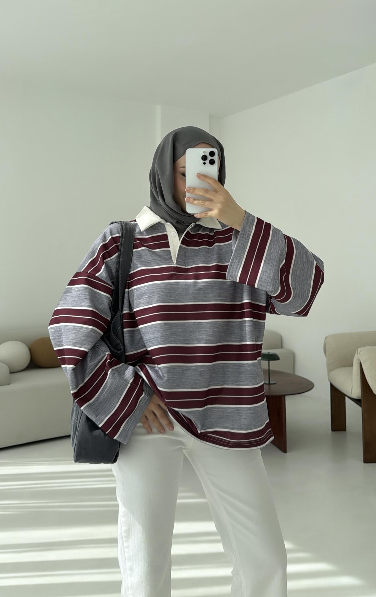 Gri Çizgili Polo Yaka Sweatshrt
