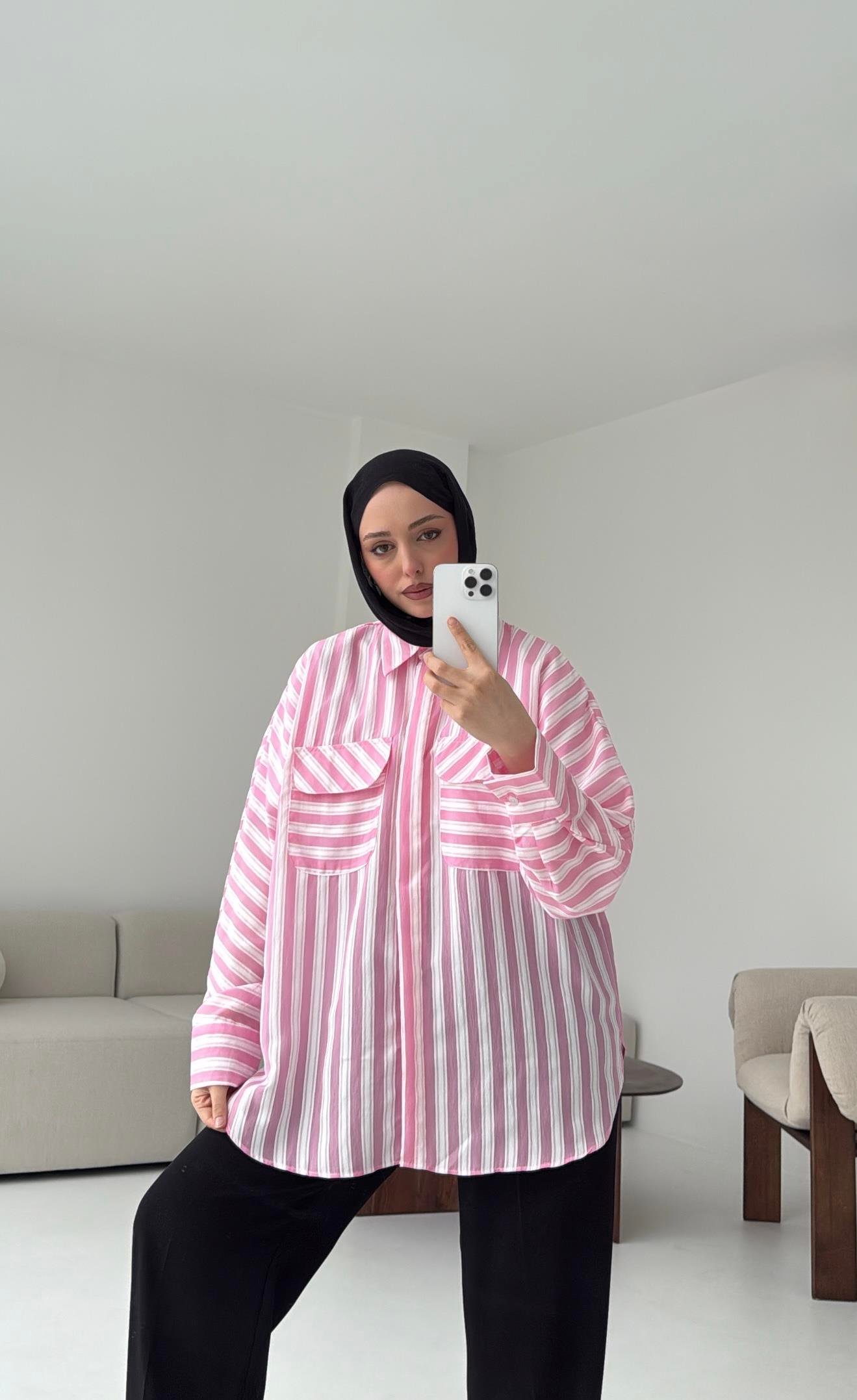 Kalın Çizgili Pembe Gömlek