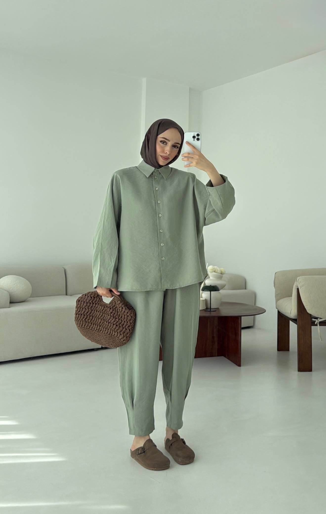 Pens Detay Tencel Takım Mint Yeşili