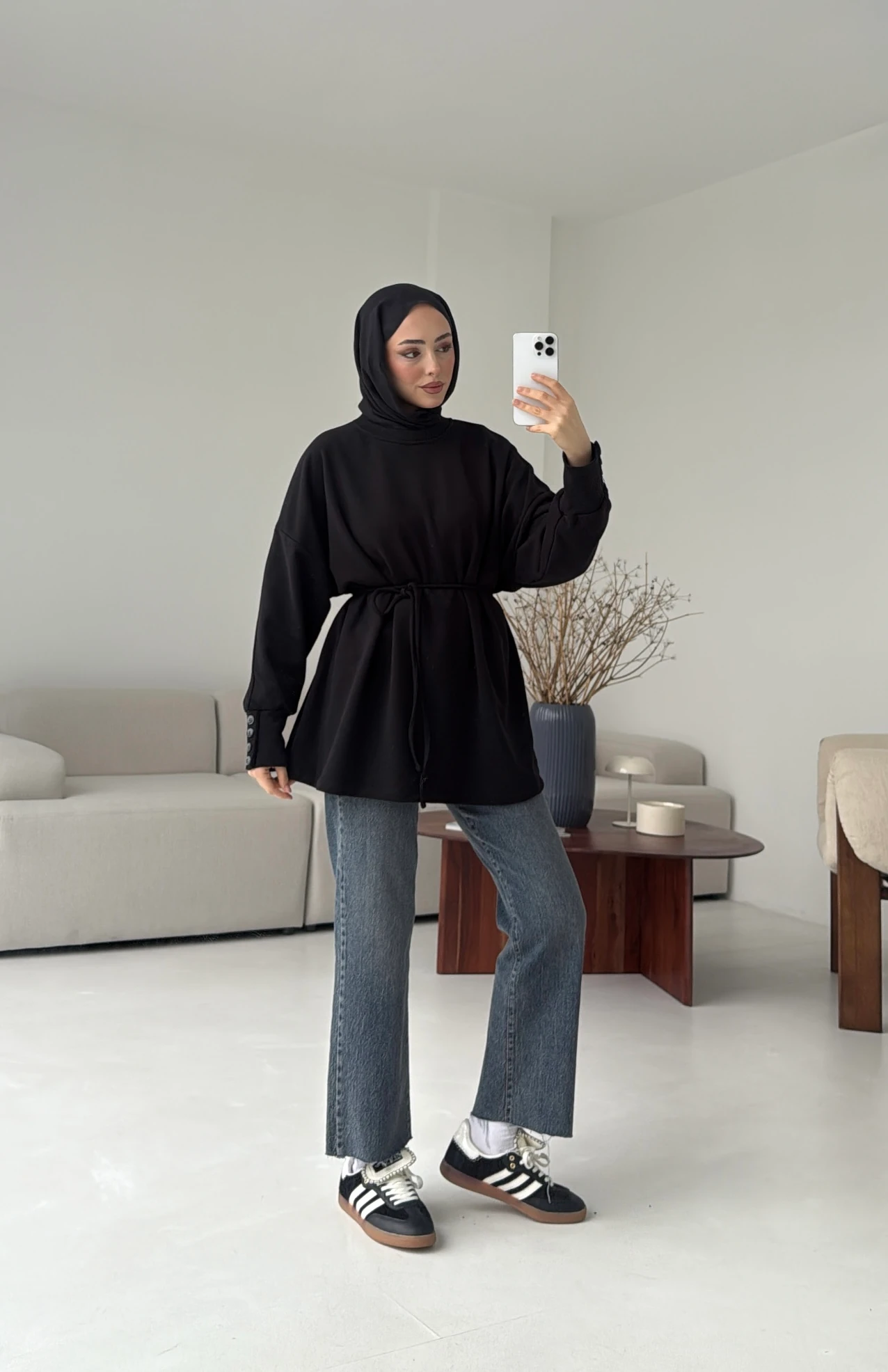 Manşeti Düğme Detay Swearshirt Siyah