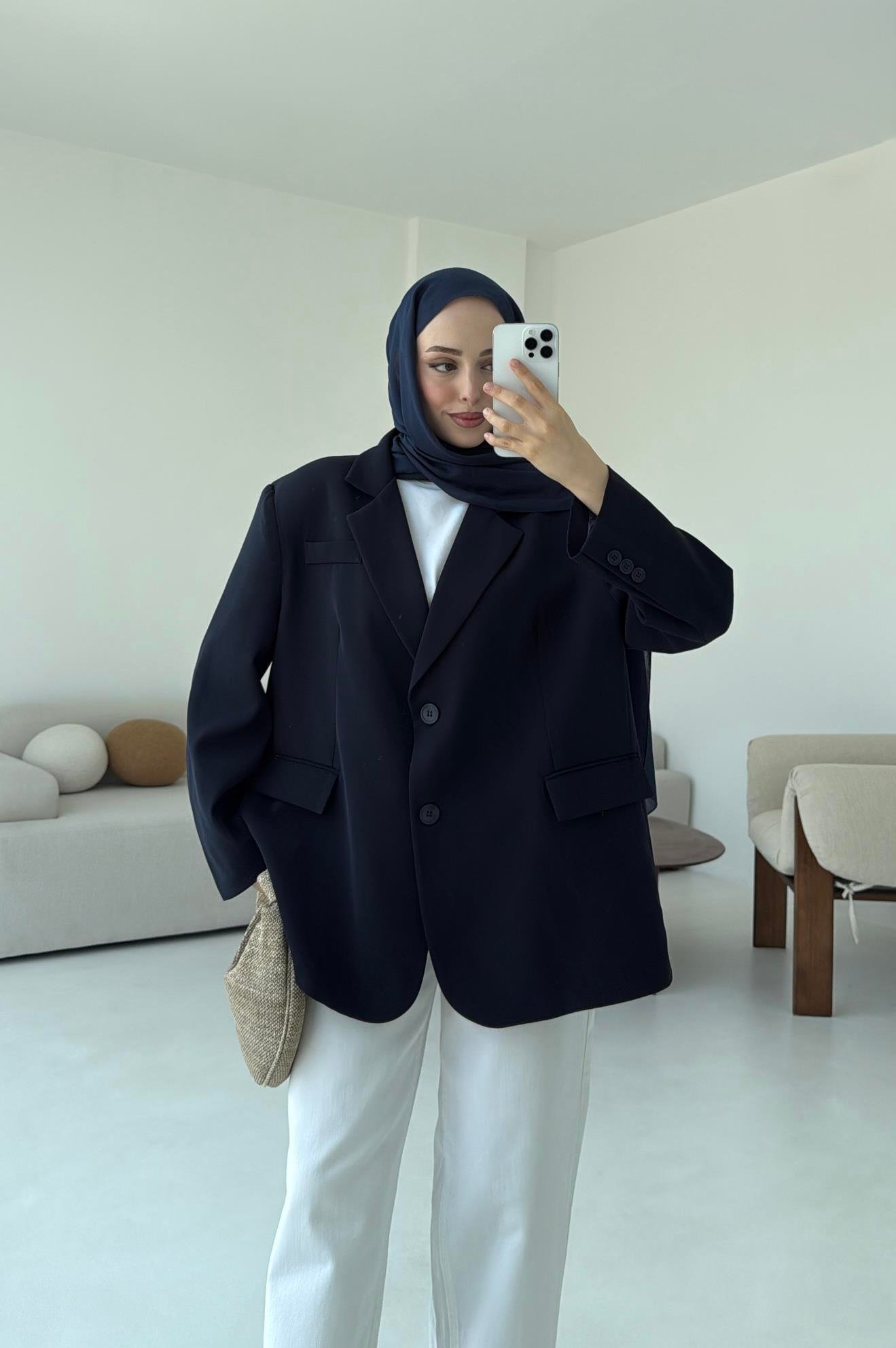 Çift Dügmeli Oversize Blazer Ceket Lacivert