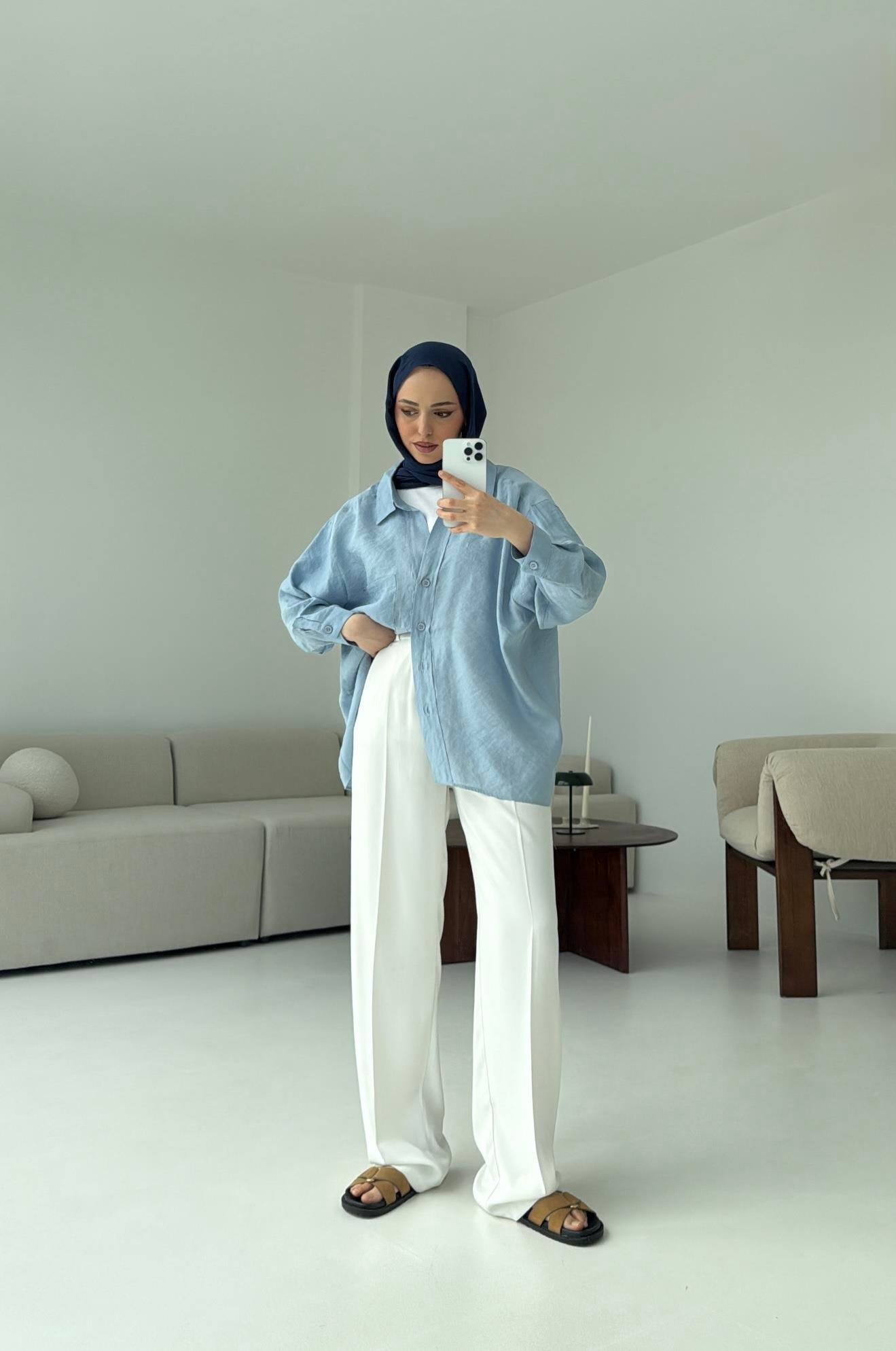 Düşük Omuz Oversize Gömlek Mavi