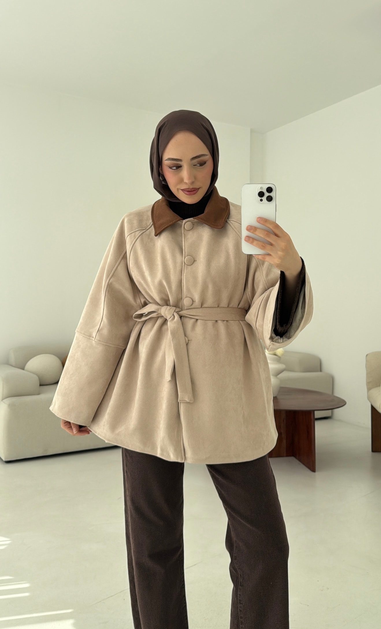 Nubuk Kontrast Yaka Ceket Bej