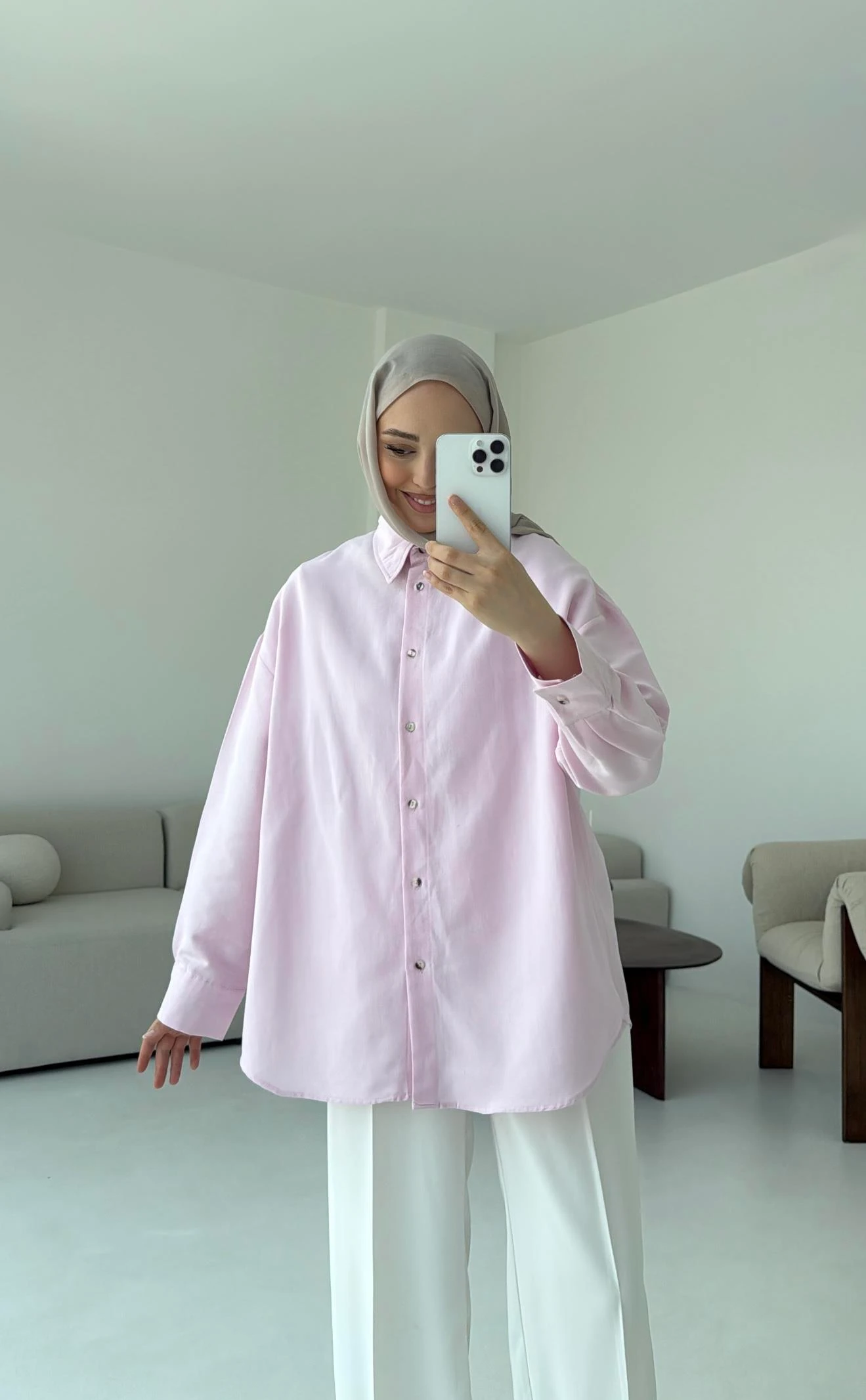 Basic Oversize  Keten Gömlek Pembe