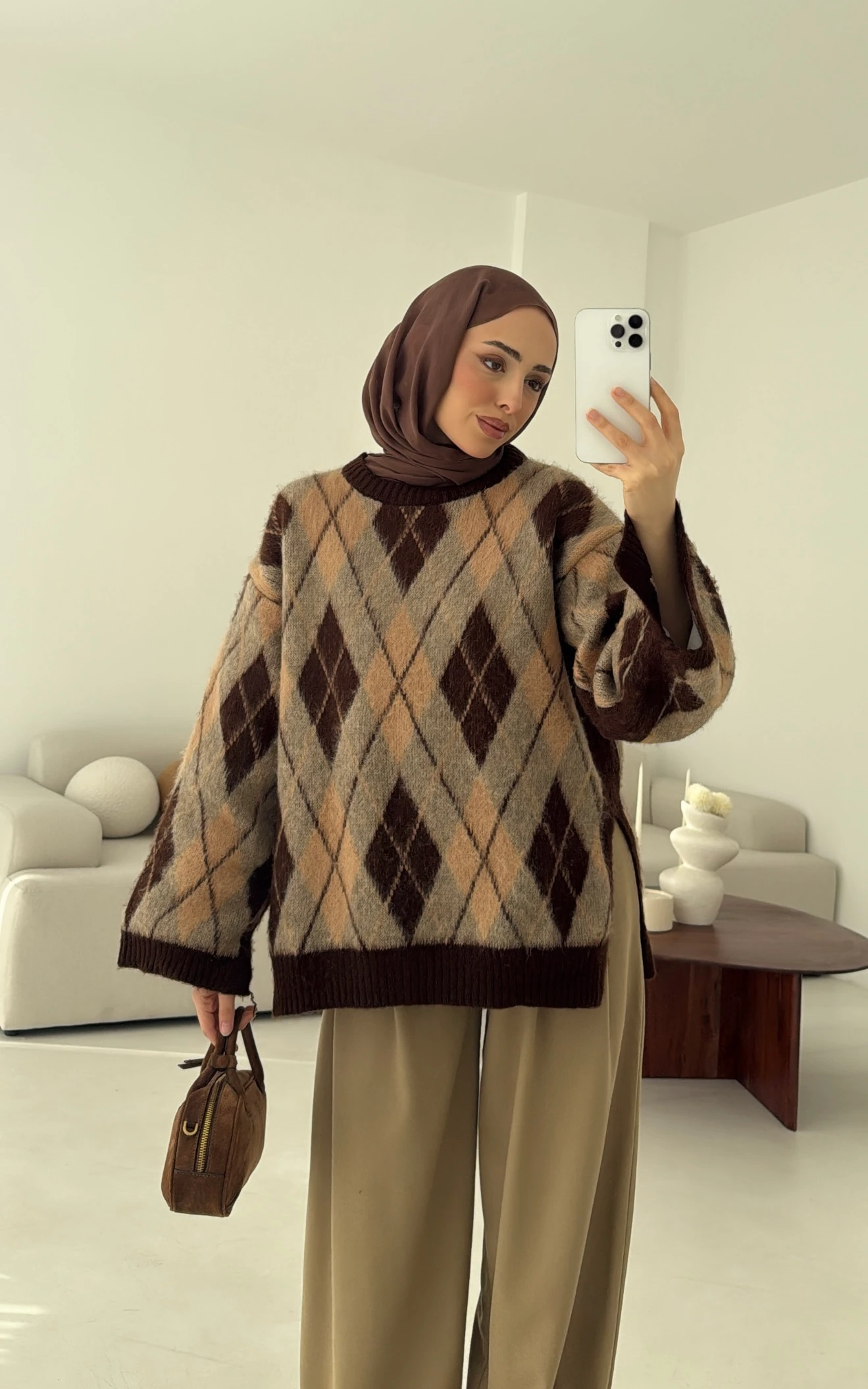 Kolu Yırtmaç Detay Tasarım Kazak Kahve