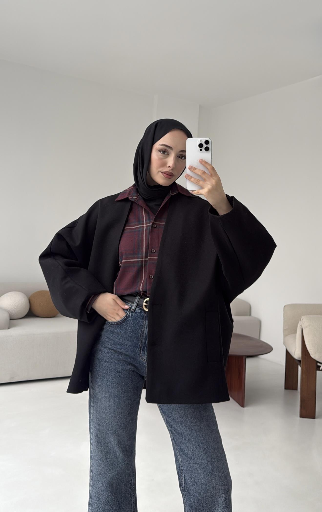 Soft Oversize Kaşe Kaban Siyah