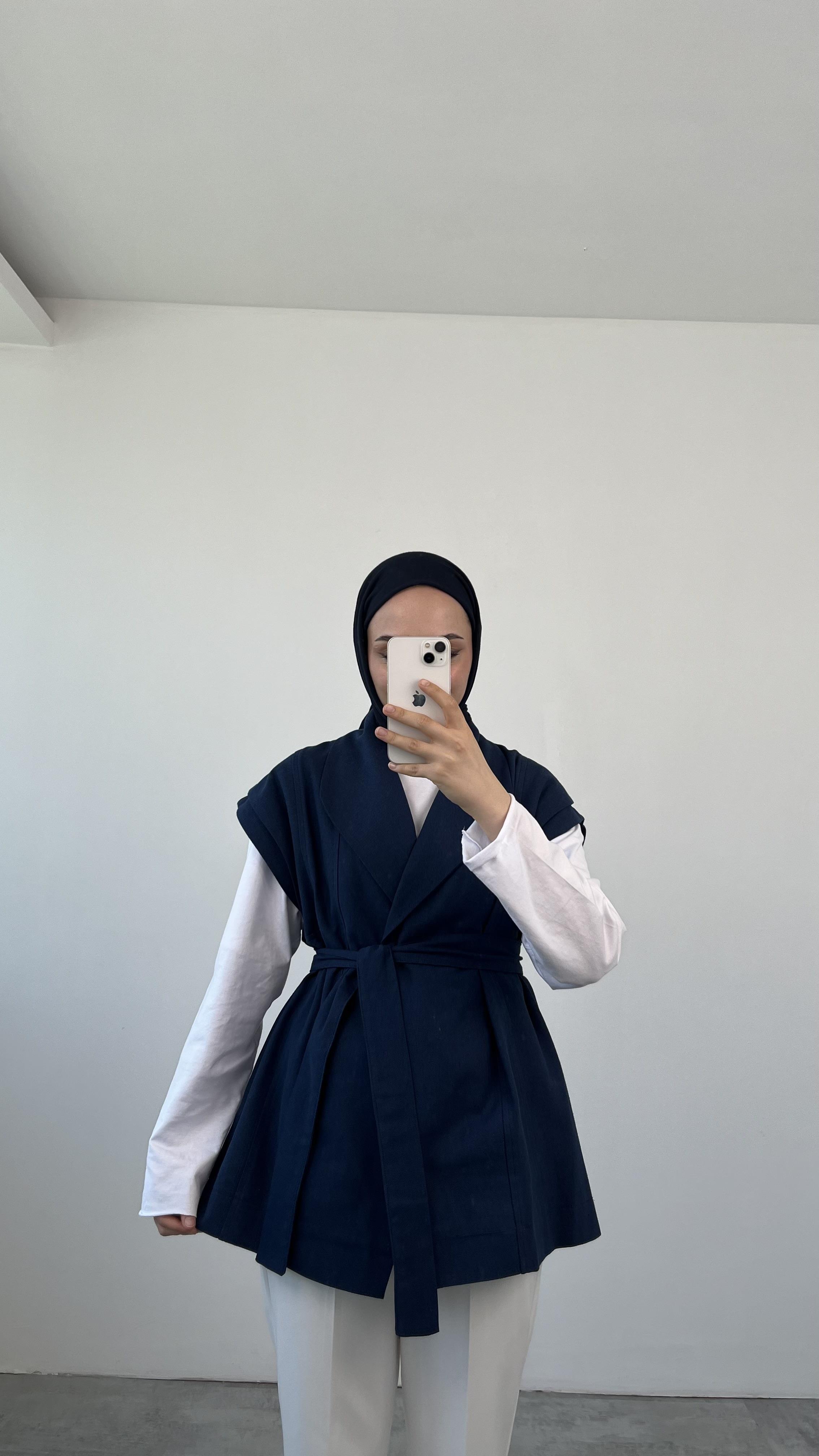 Bağlamalı Keten Yelek Lacivert