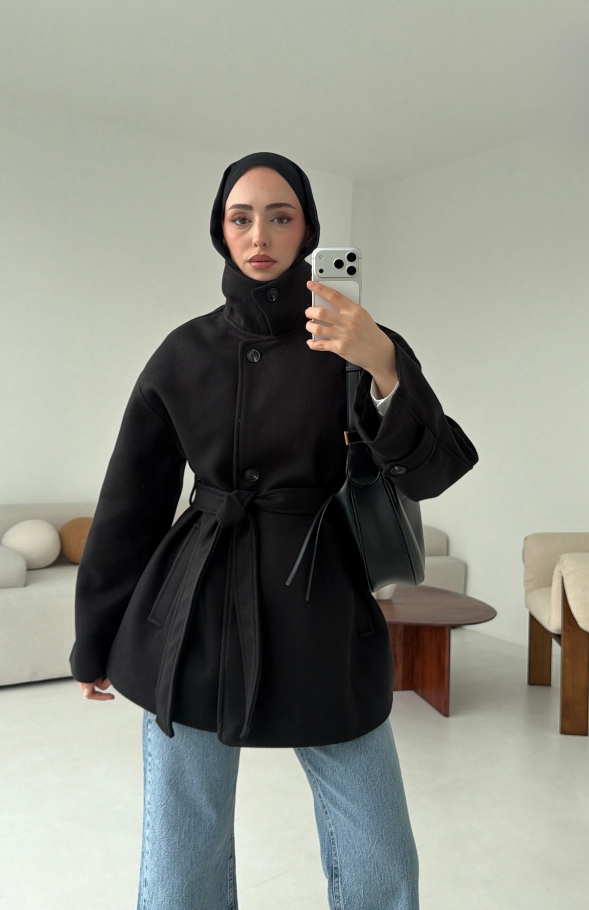 Kol Apoletli Kaşe Kaban Siyah