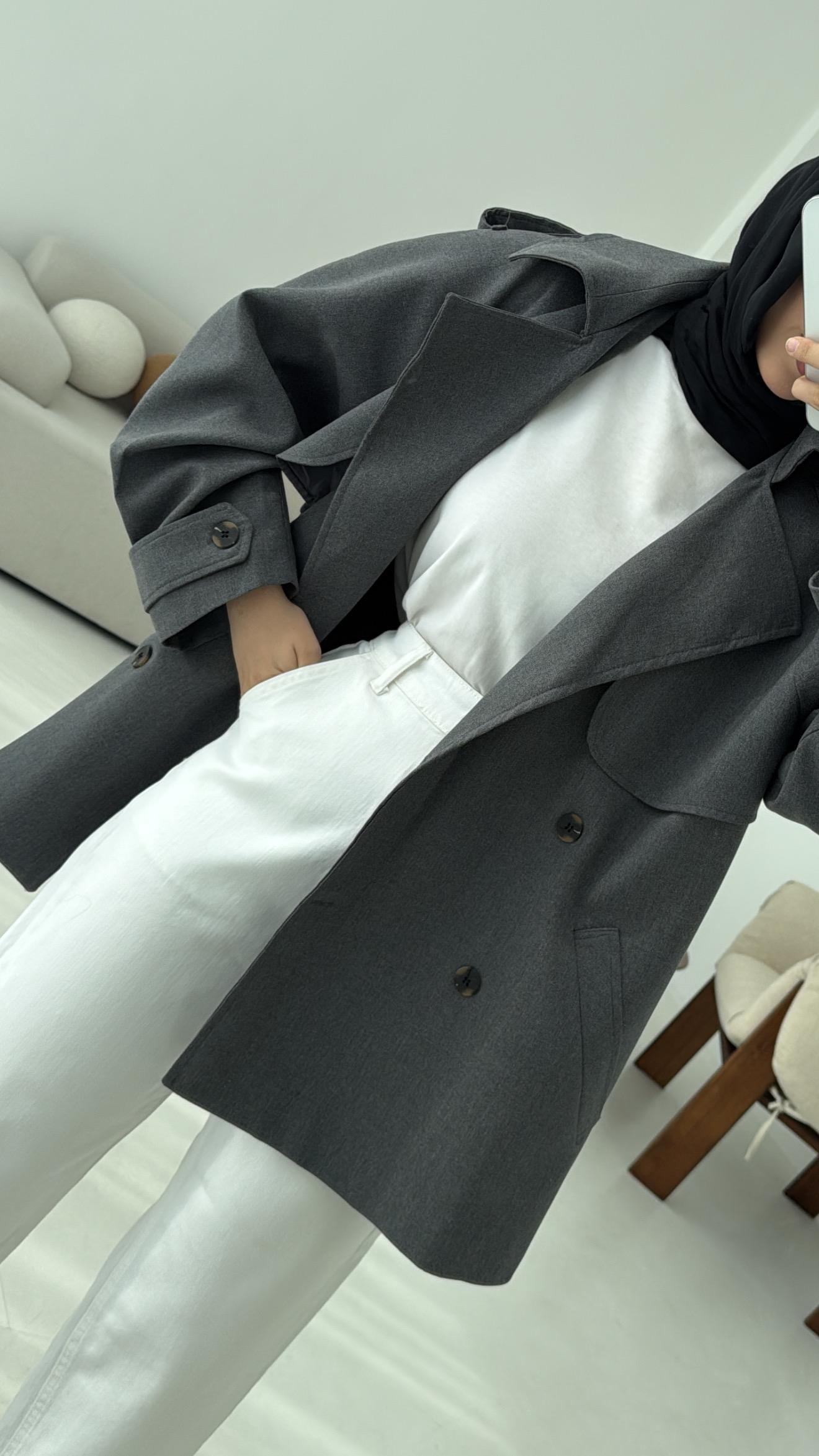 Deri Kemerli Trençkot Gri