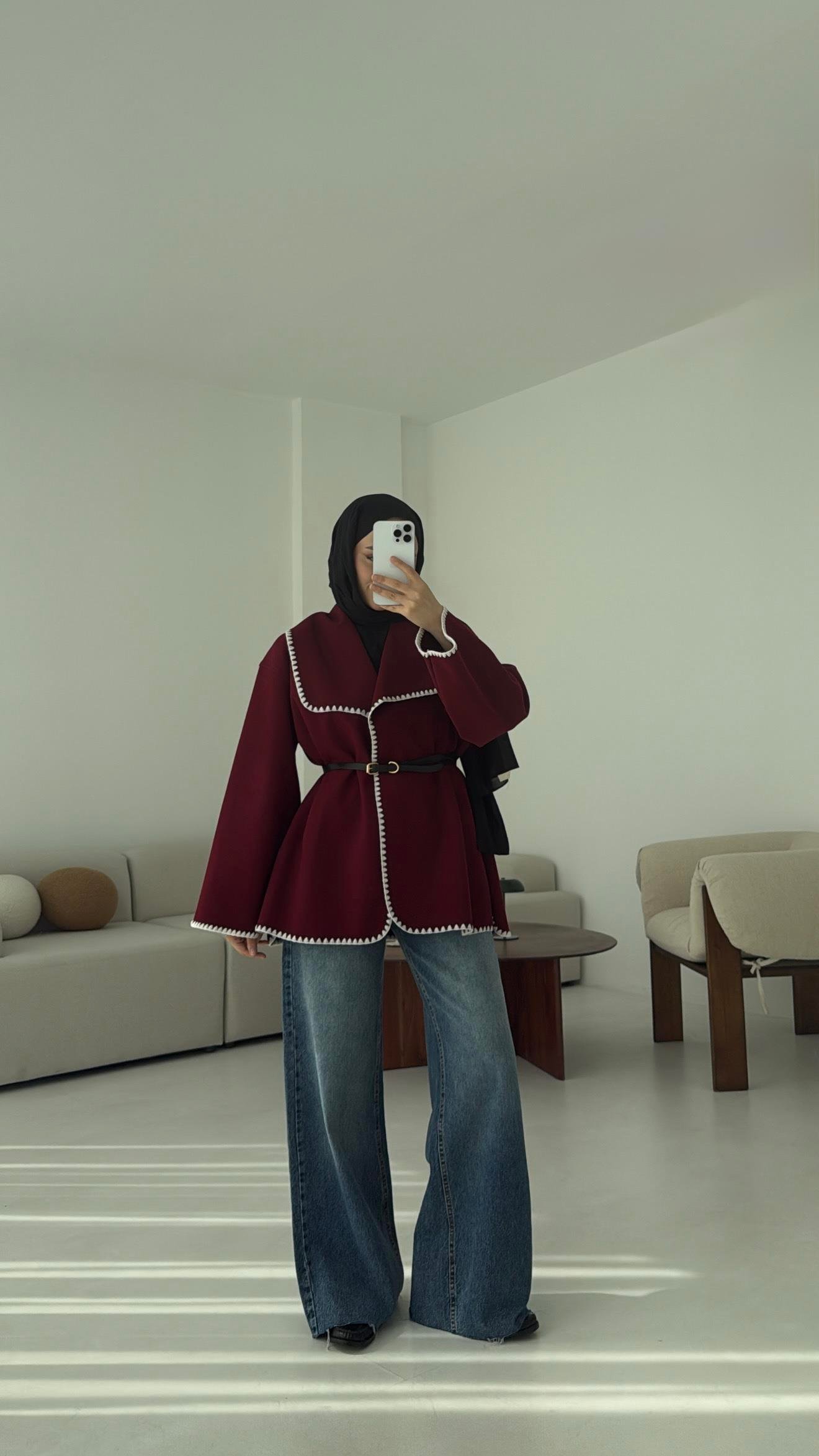 Dikişli Kaşe Ceket Bordo