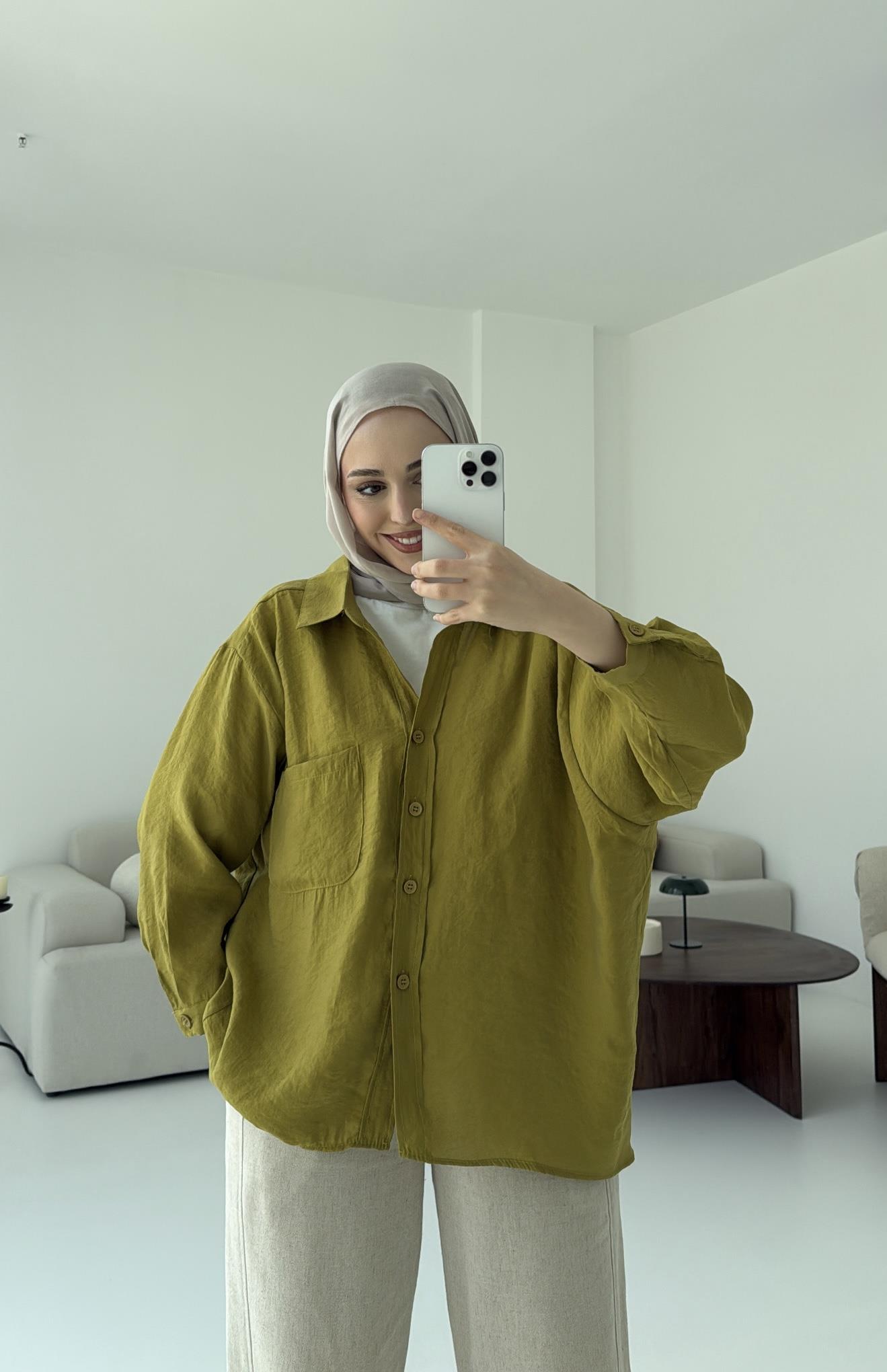 Düşük Omuz Oversize Gömlek Yağ Yeşili