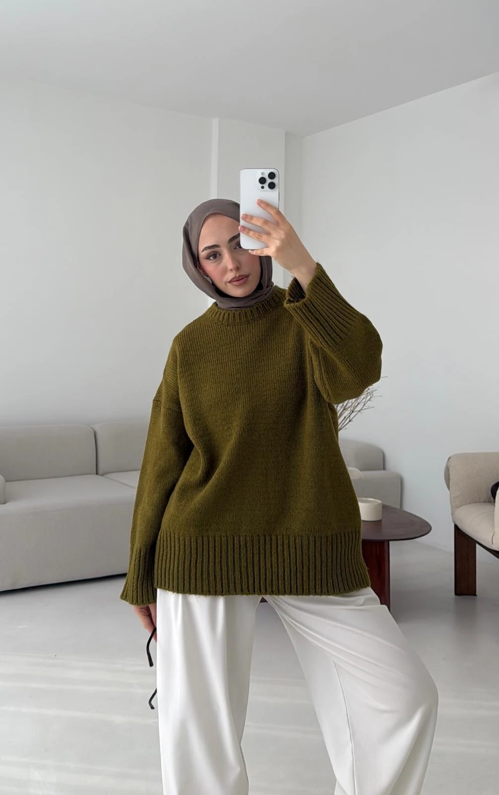 Çift Kat Triko Kazak Zeytin Yeşili