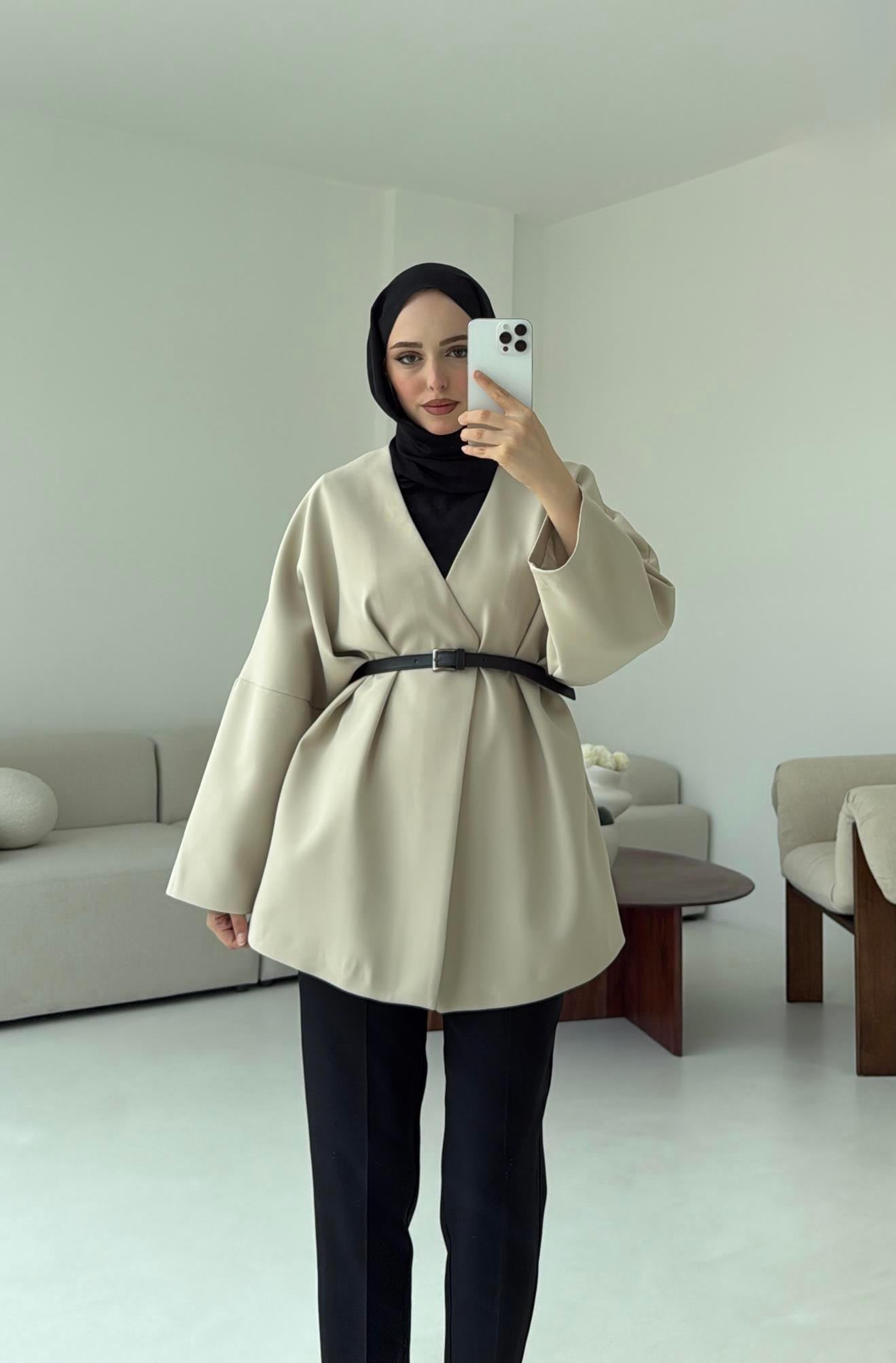 Deri Kemer Detay Oversize Ceket Taş