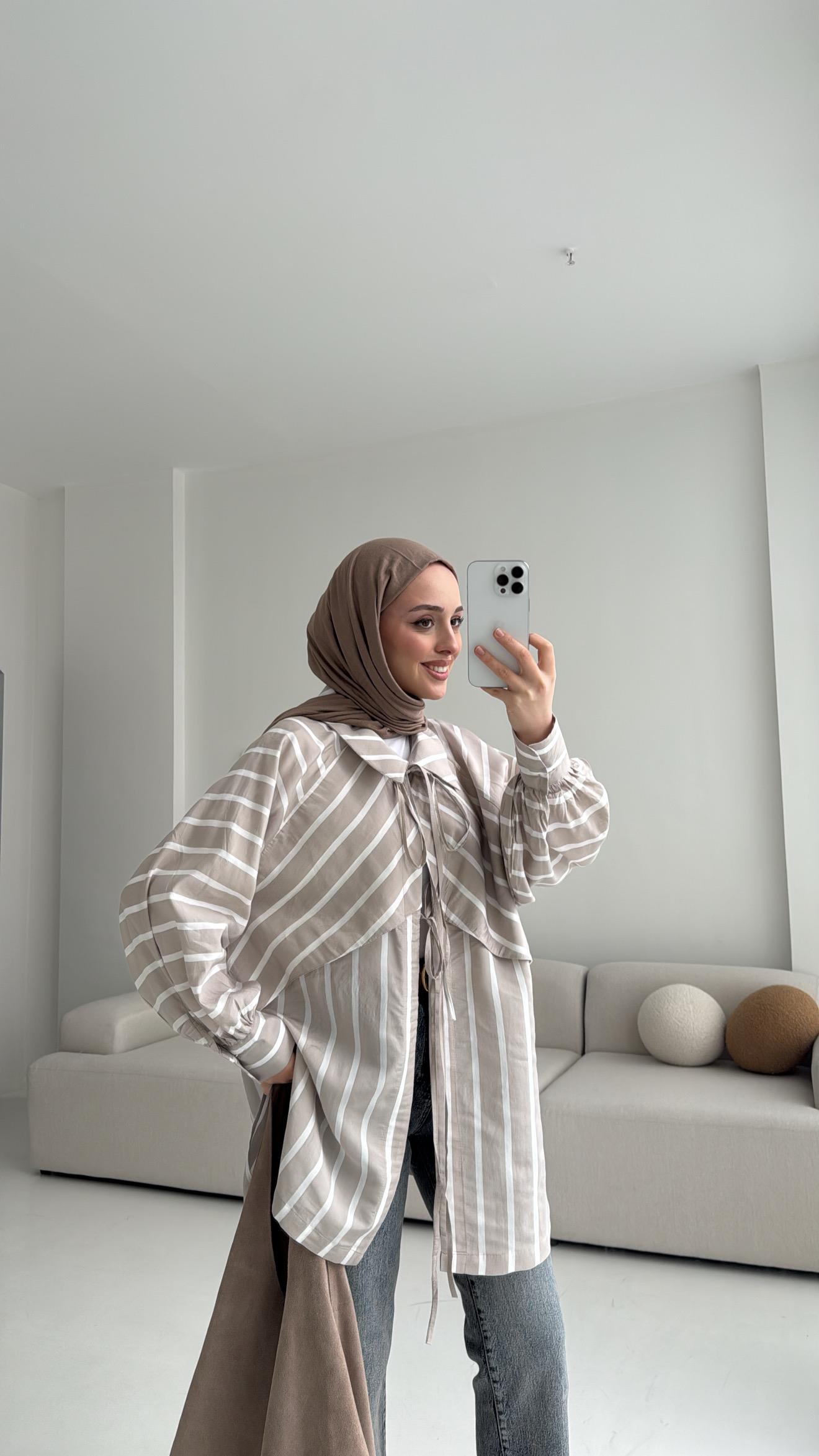 Çizgili Bağlamalı Kimono Bej