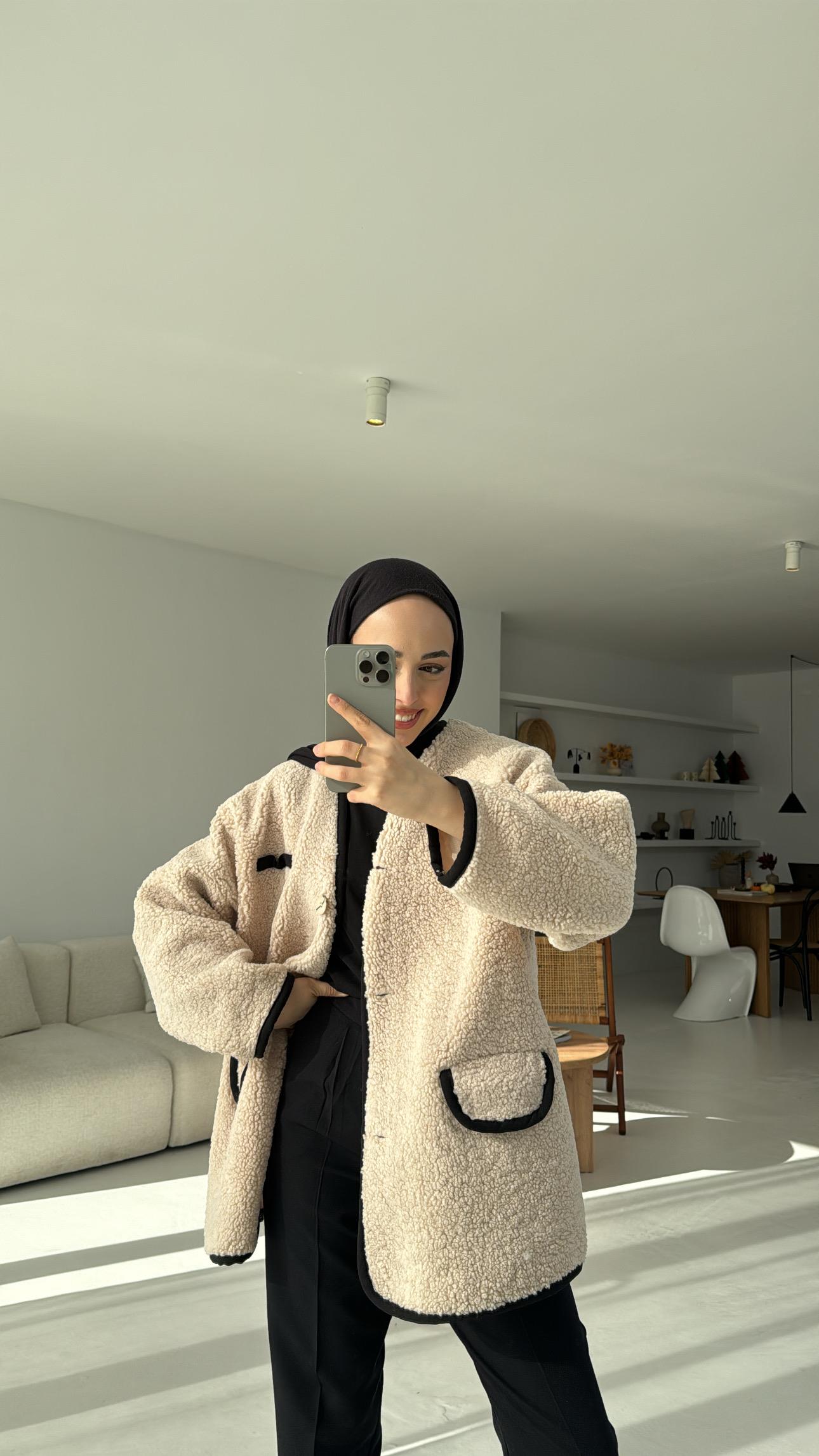 Düğmeli Oversize Teddy Ceket Bej