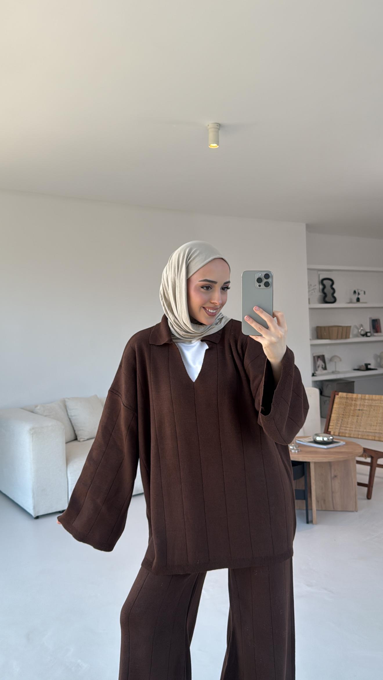 Düz Fitilli Triko Takım Kahve