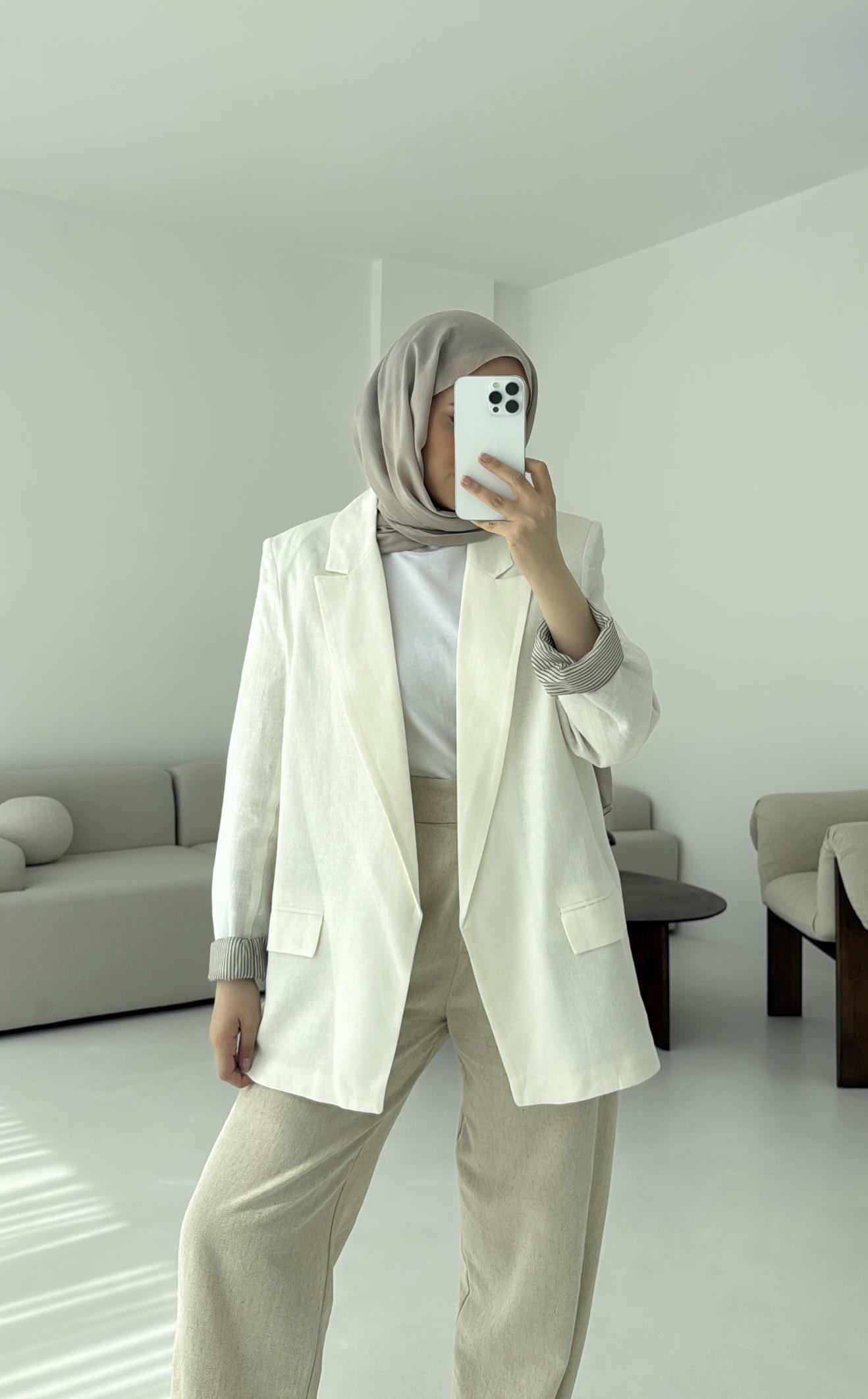 Keten Astarı Çizgili Blazer Ceket Beyaz