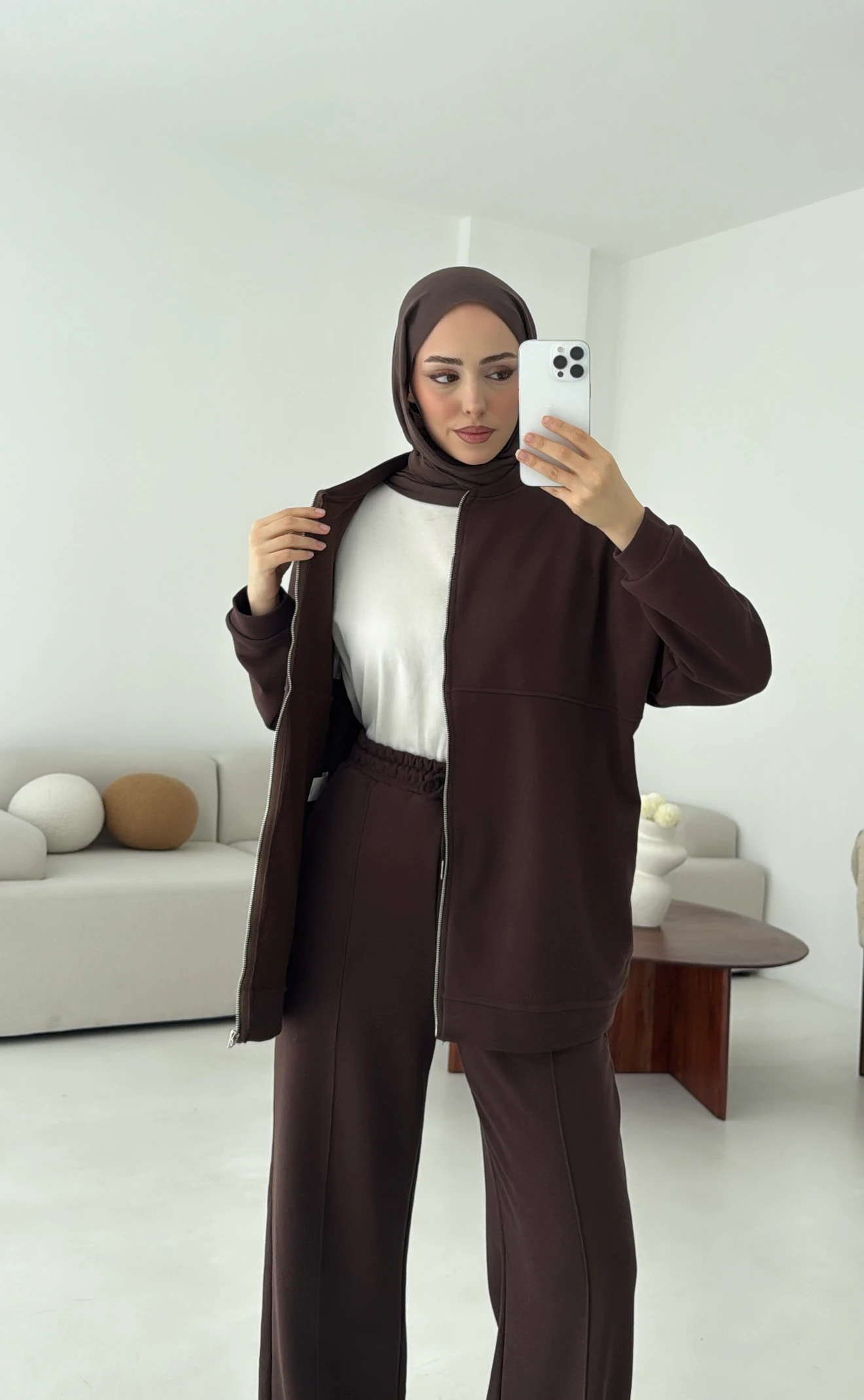 Fermuarlı 3 İplik Takım Kahve