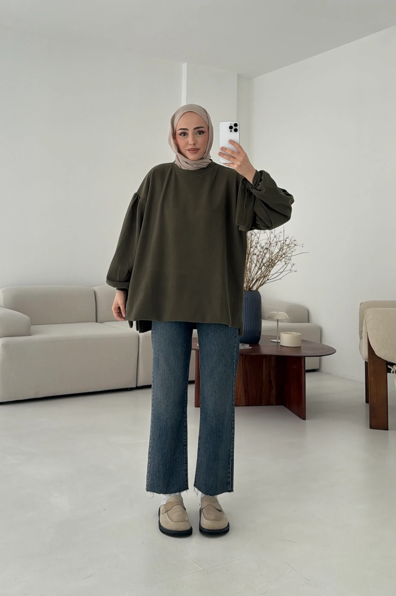 Selanik Balon Kol Bagcıklı Sweat Haki