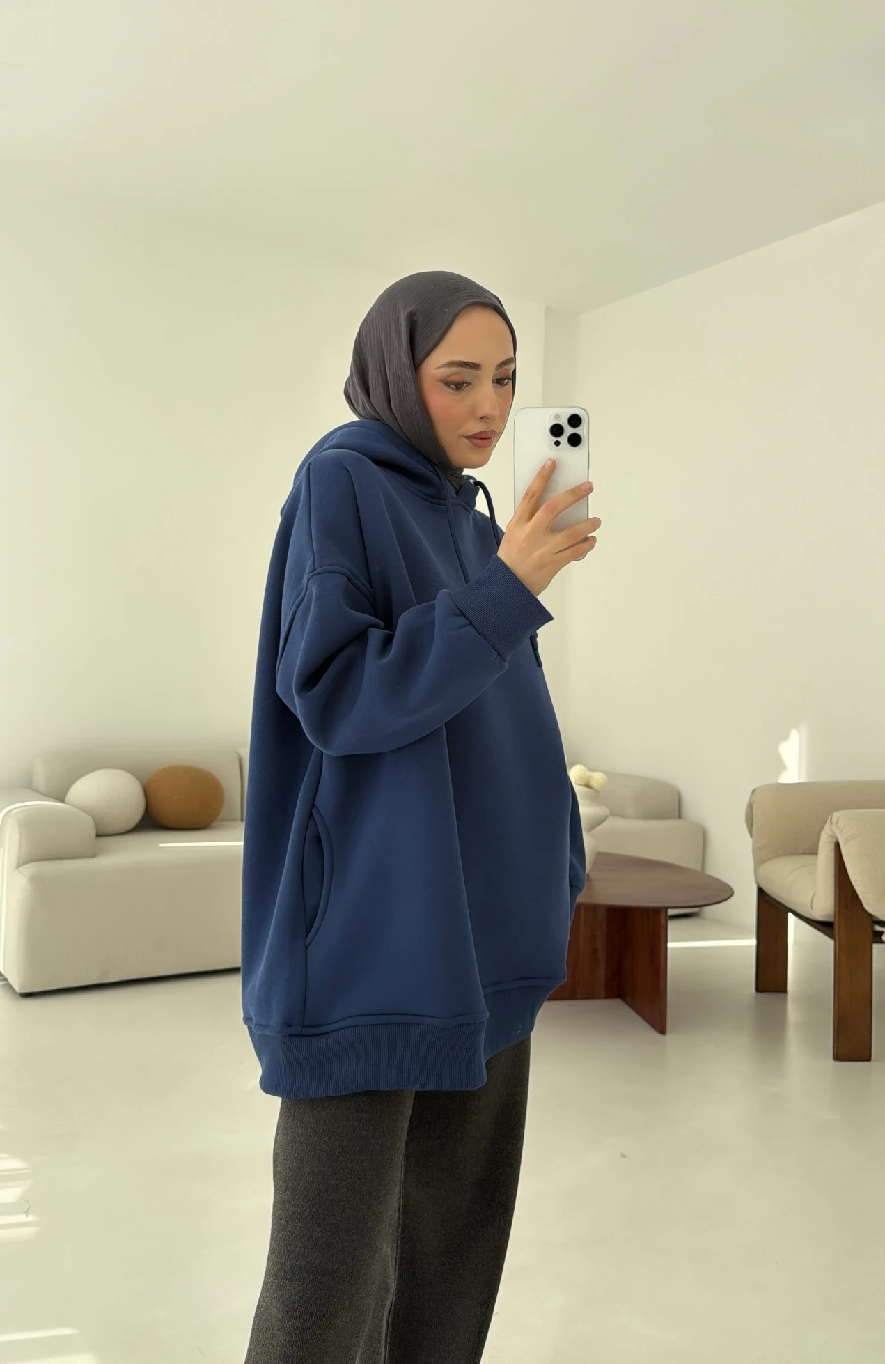 Gizli Cep Şardonlu Sweatshirt Mavi