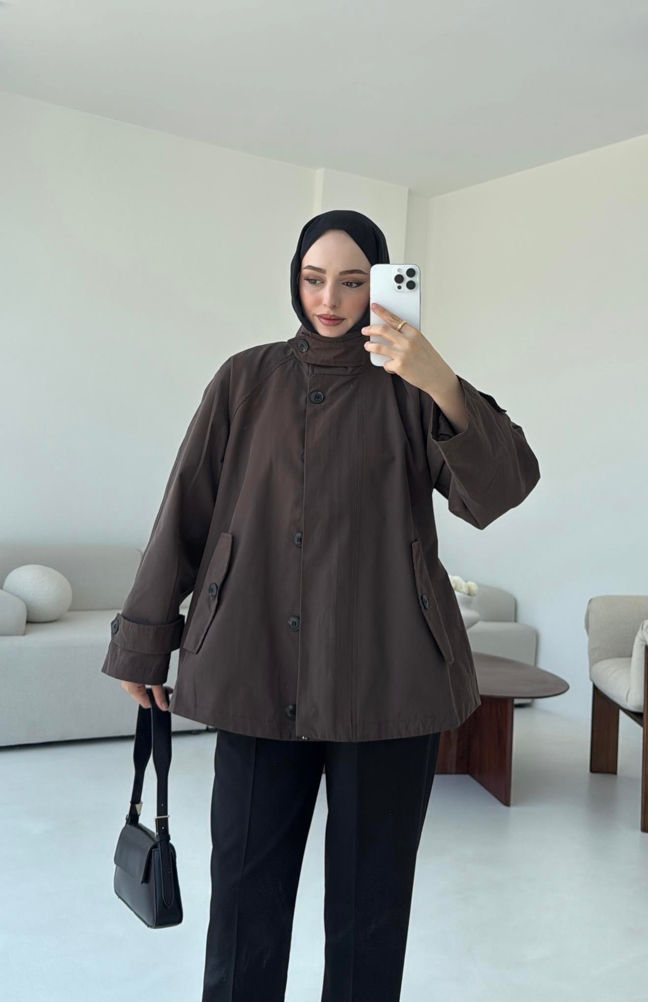 Minimal Yakalı Trençkot Kahve