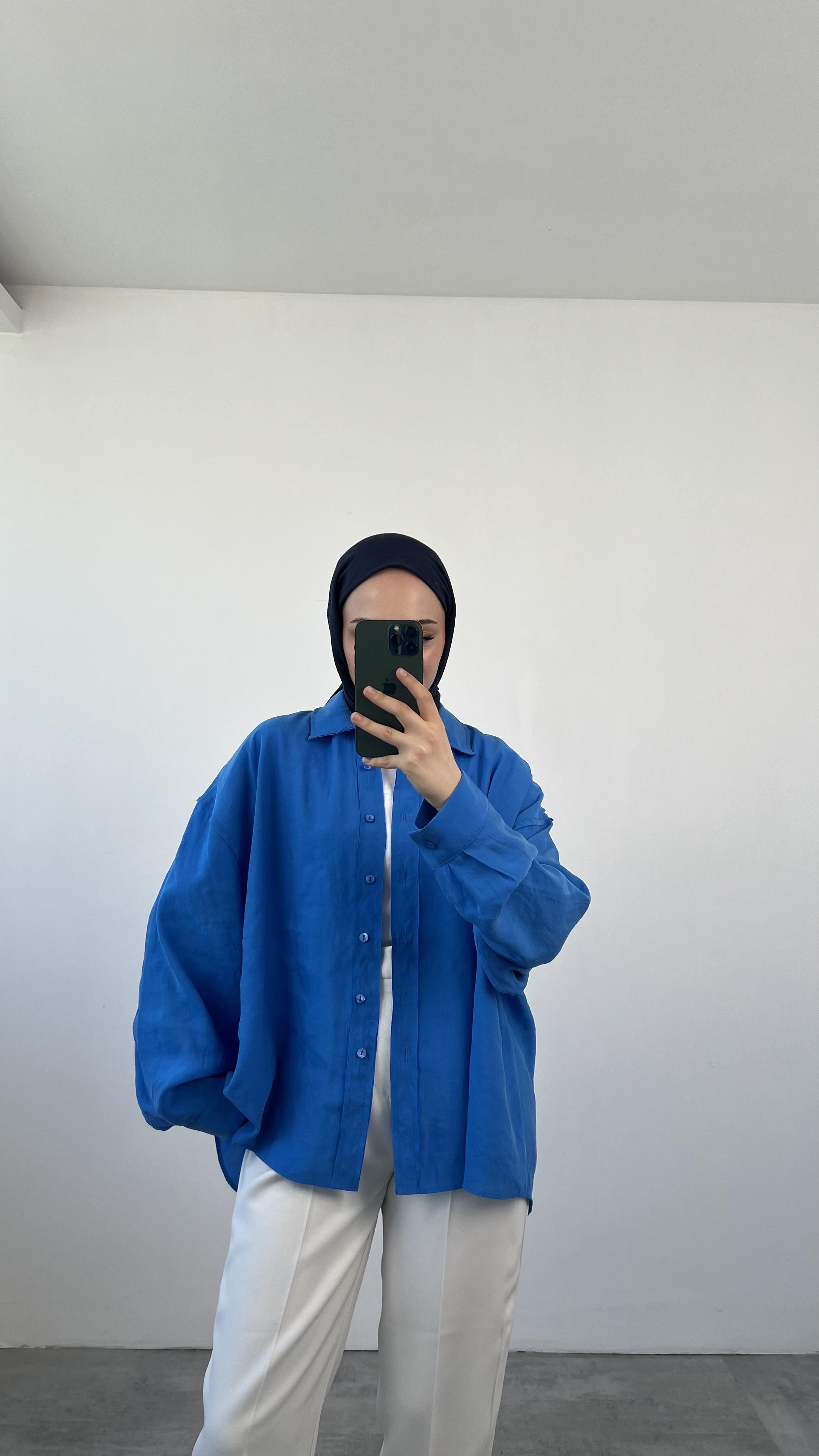 Tencel Pis Dikiş Oversize Saks Mavi  Gömlek