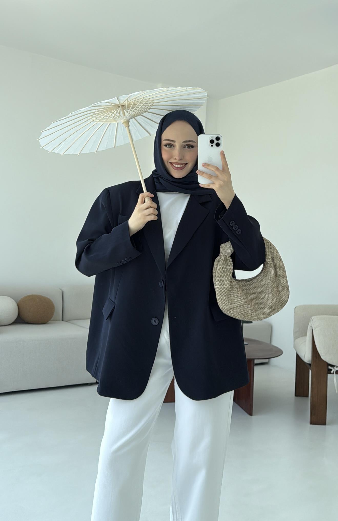 Çift Dügmeli Oversize Blazer Ceket Lacivert