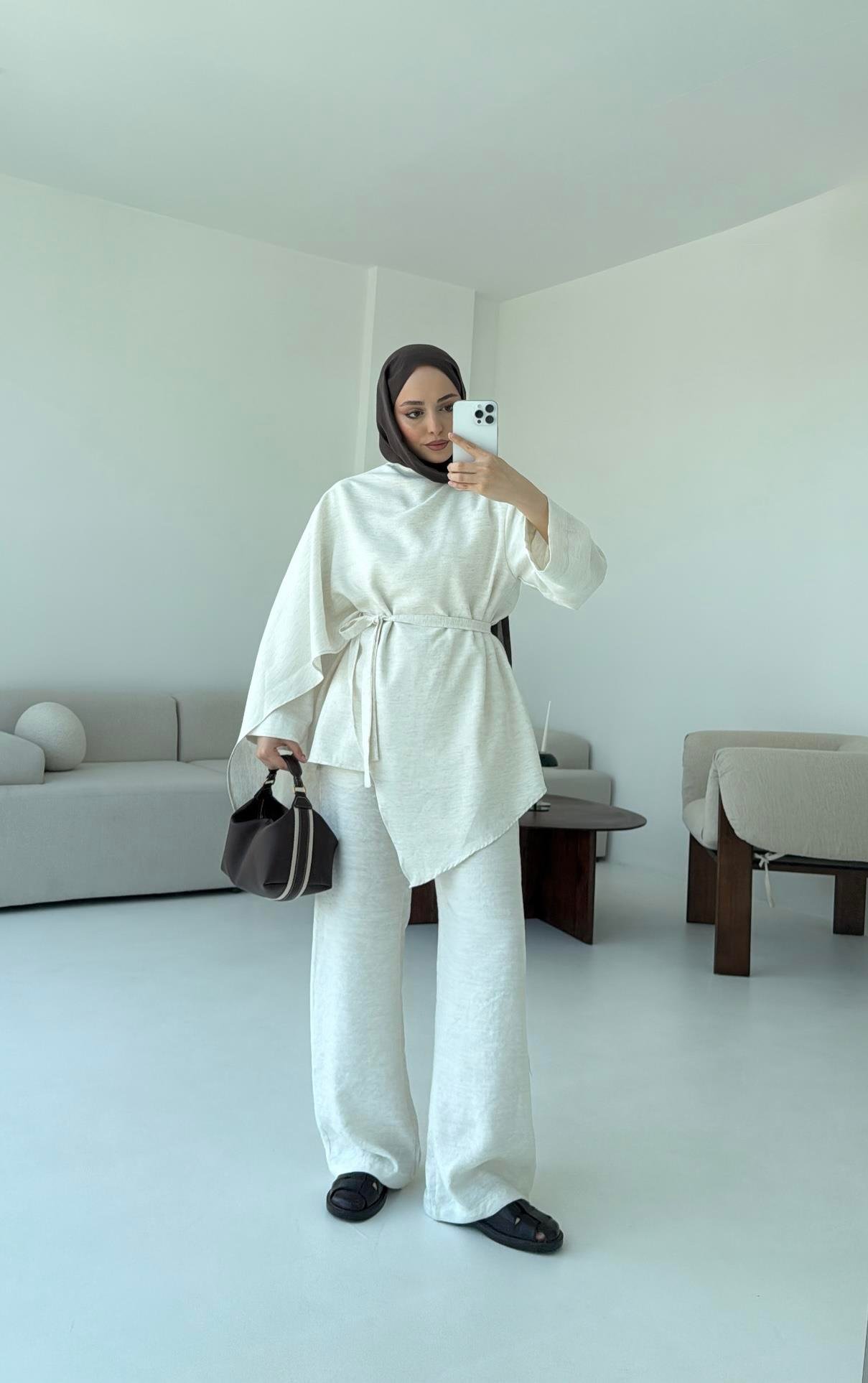 Fular Detay Tunik Takım Natural