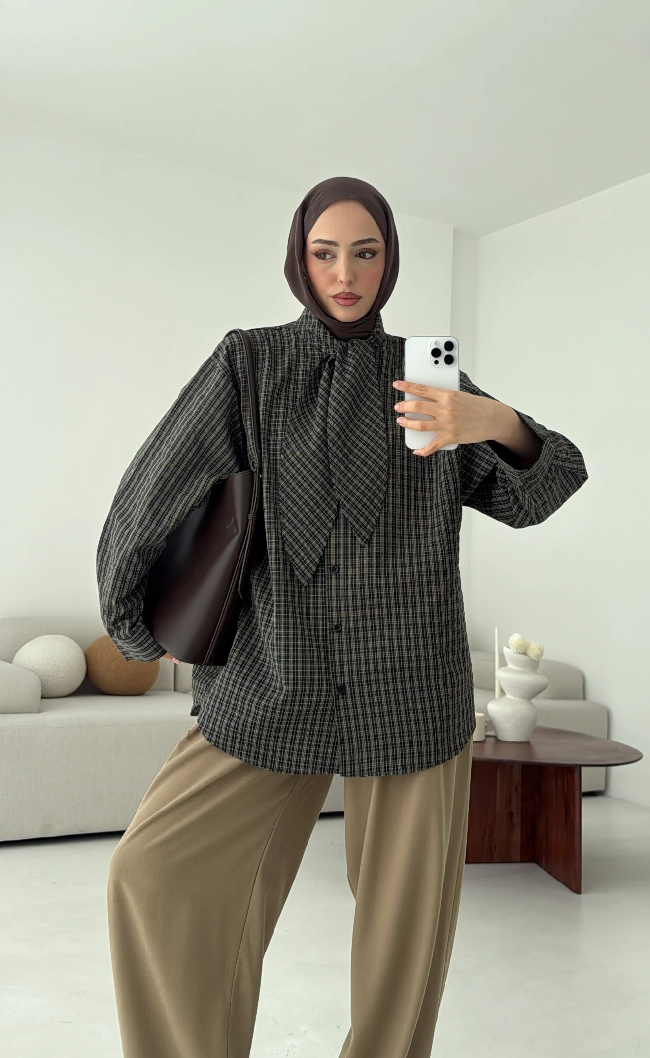 Fular Detay Ekose Gömlek Yeşil