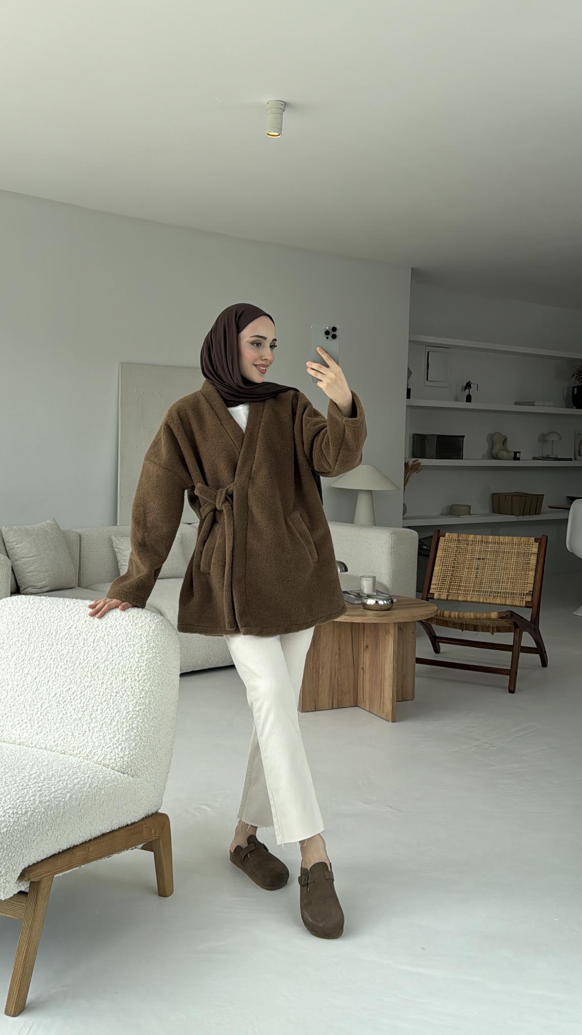 Yandan Bağlamalı Peluş Mont Kahve