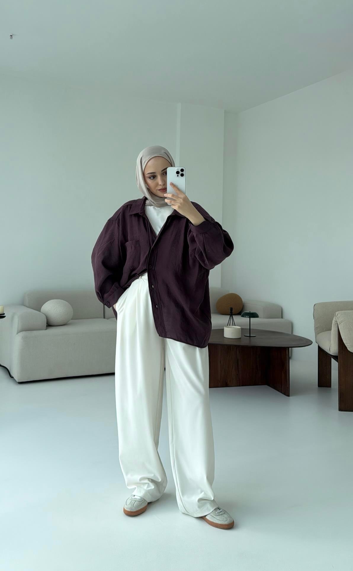 Düşük Omuz Oversize Gömlek Mürdüm