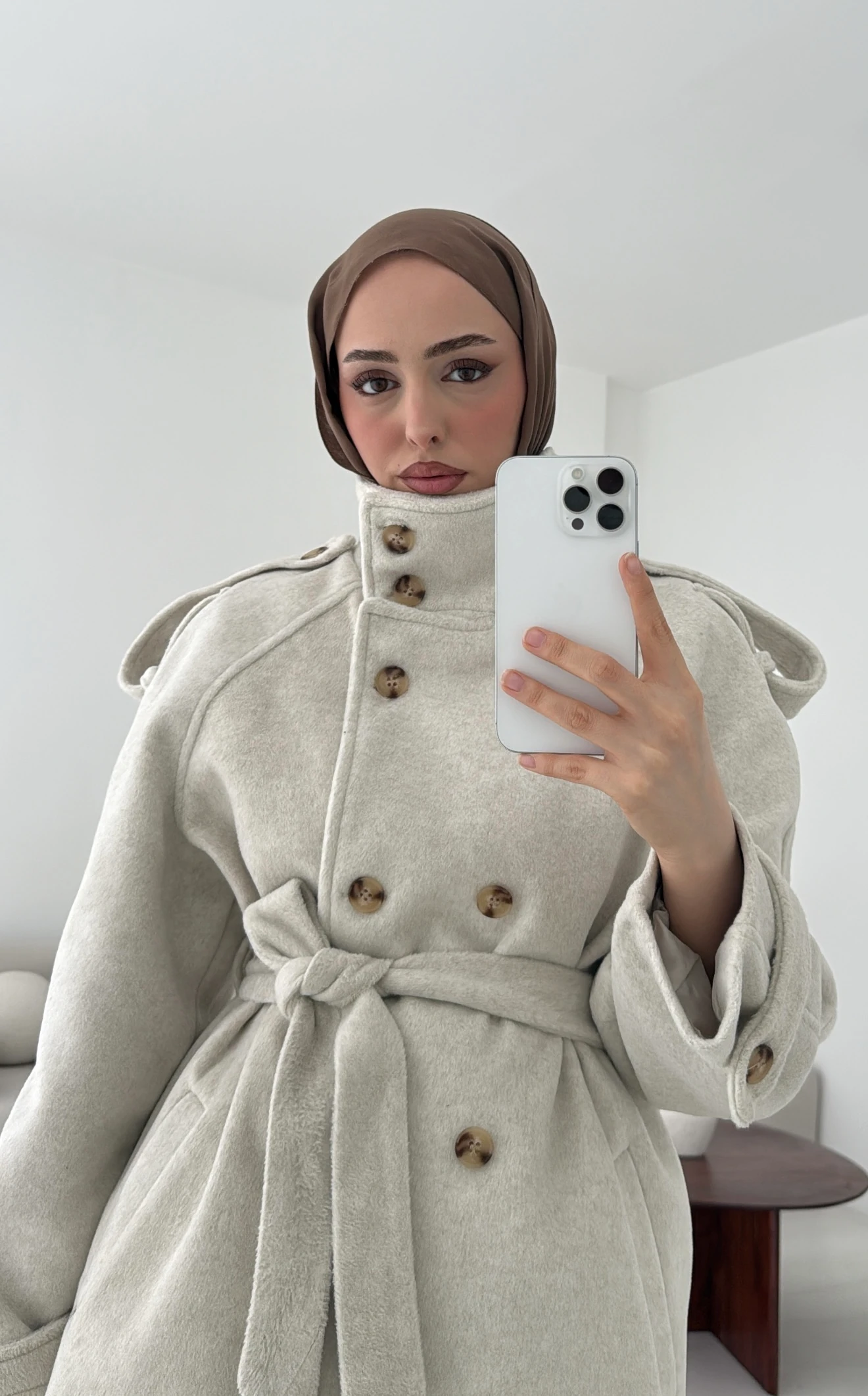 Kuşaklı Oversize Kaşe Kaban Bej