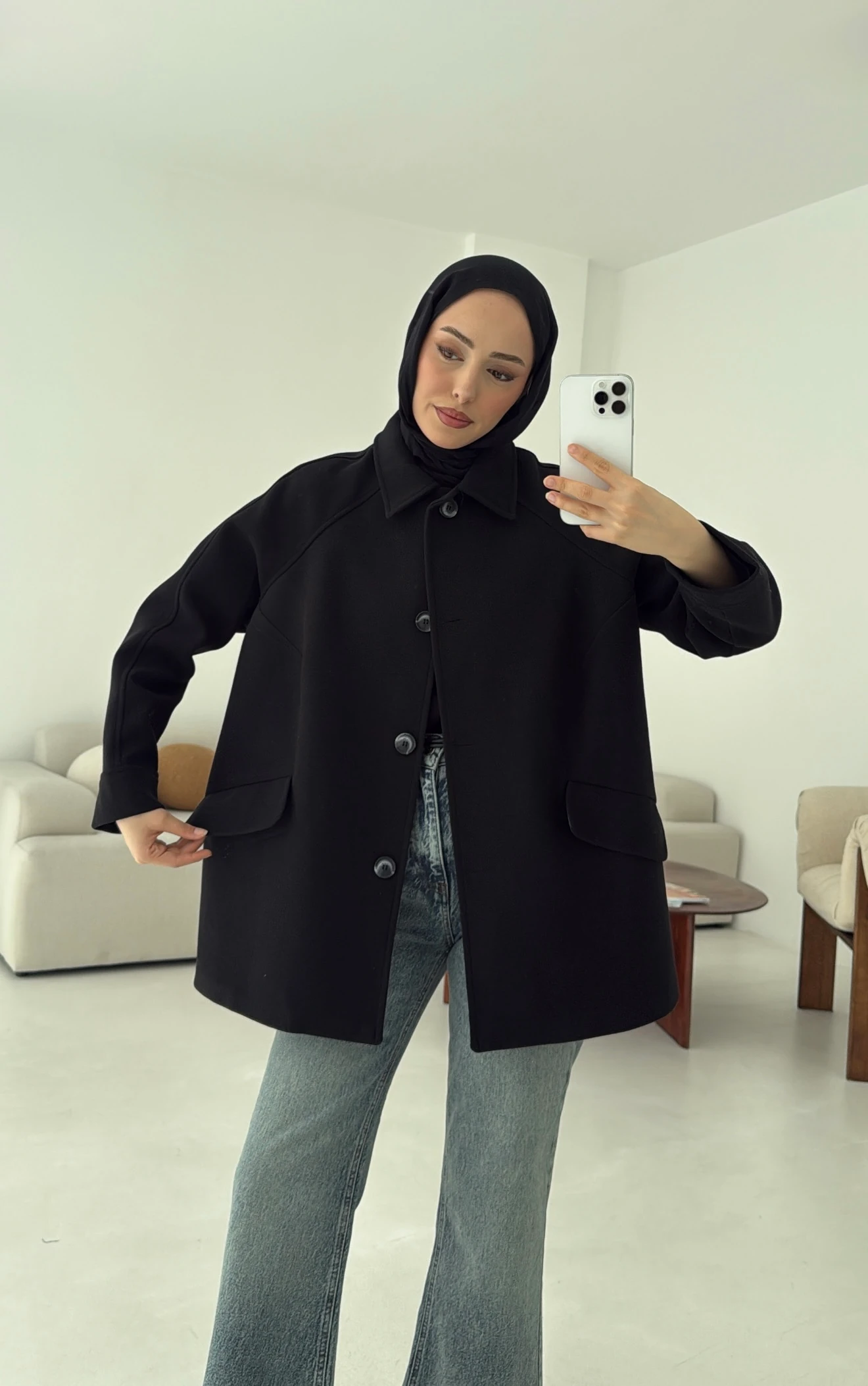 Ön Düğmeli Kaban Siyah