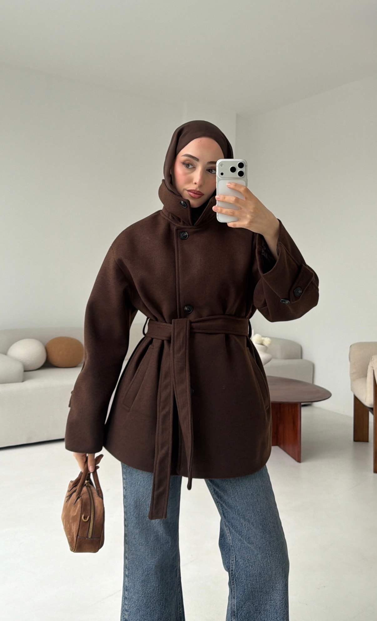 Kol Apoletli Kaşe Kaban Kahve