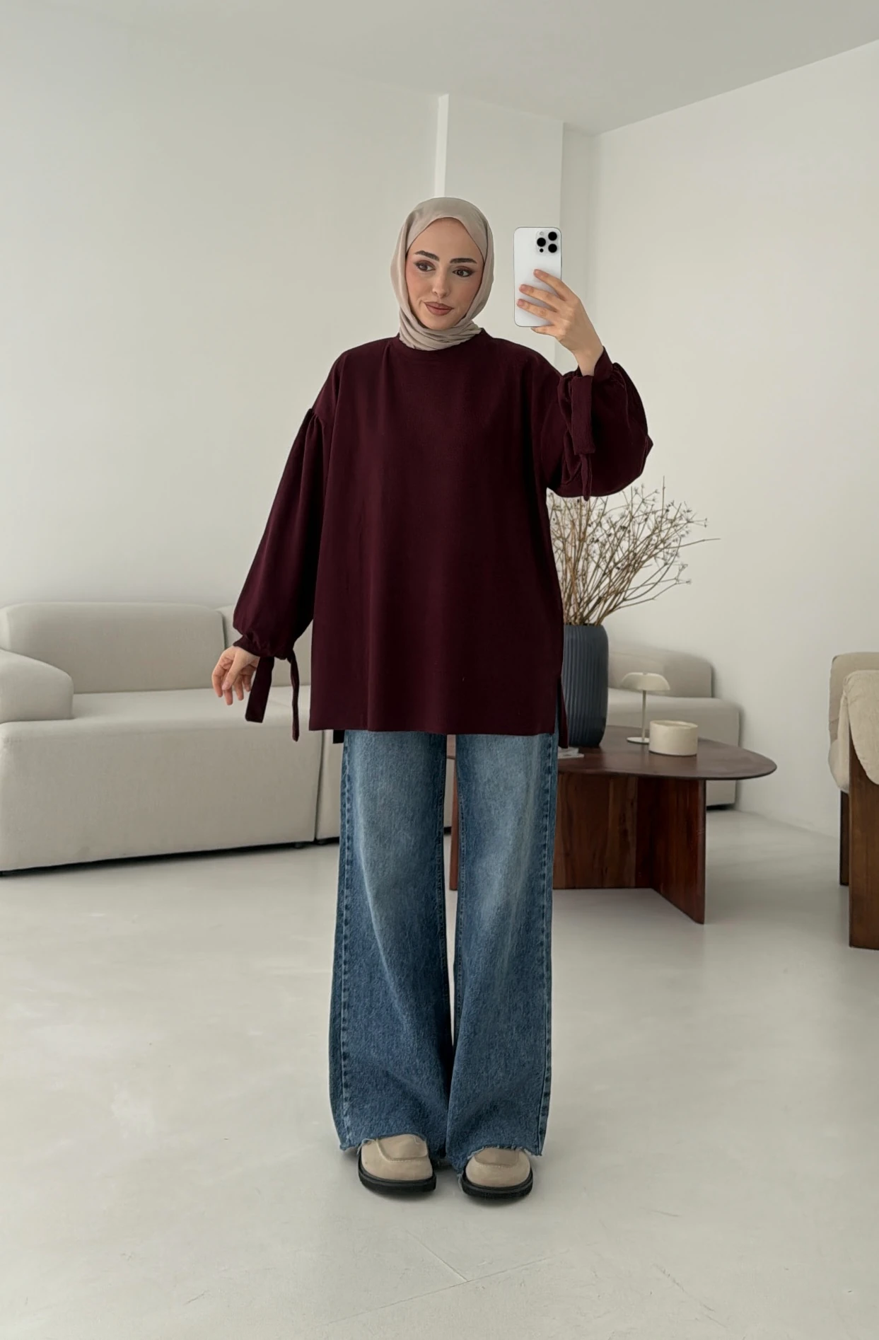 Selanik Balon Kol Bagcıklı Sweat Bordo