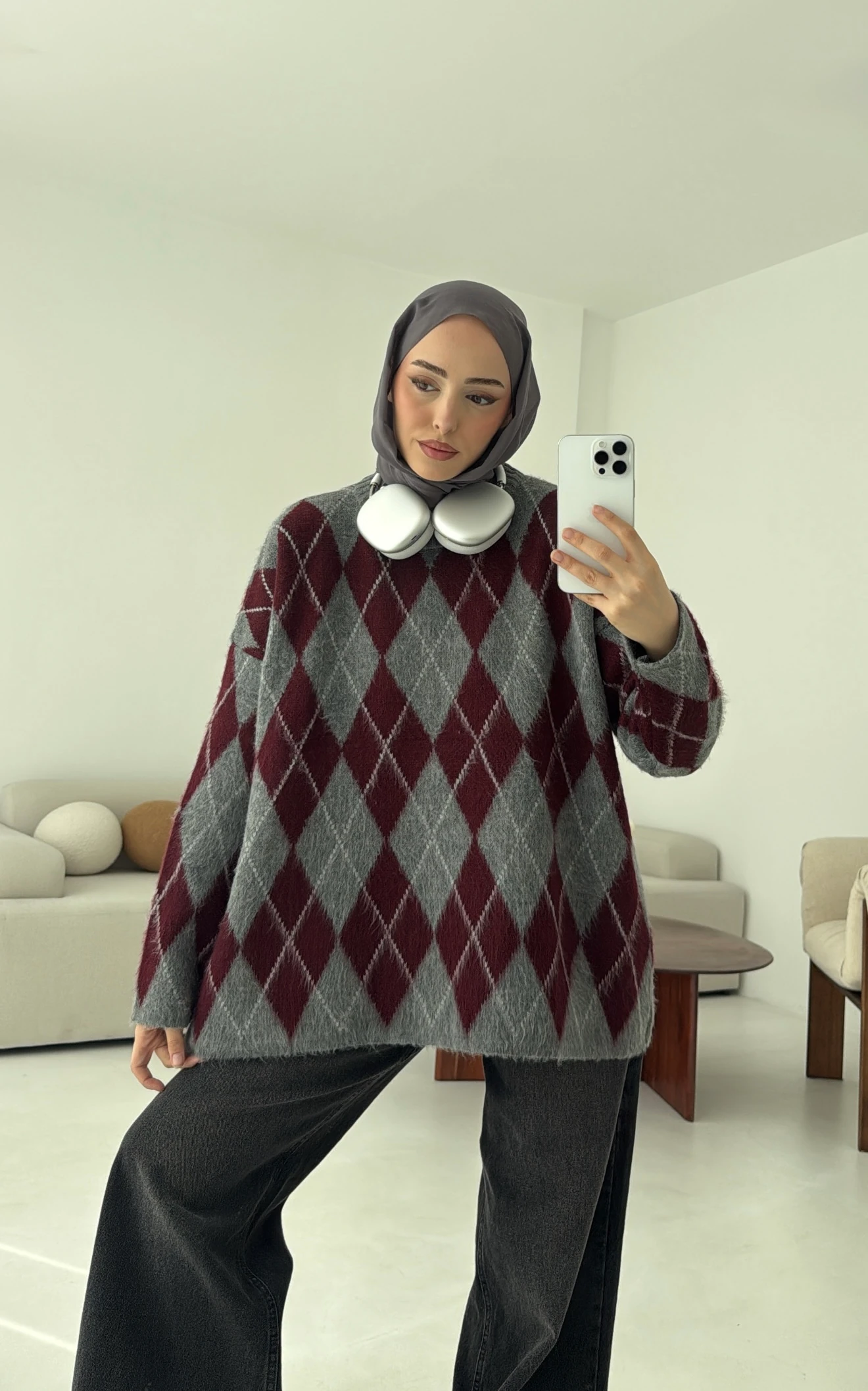 Premium Desenli Kalın Kazak Gri/Bordo