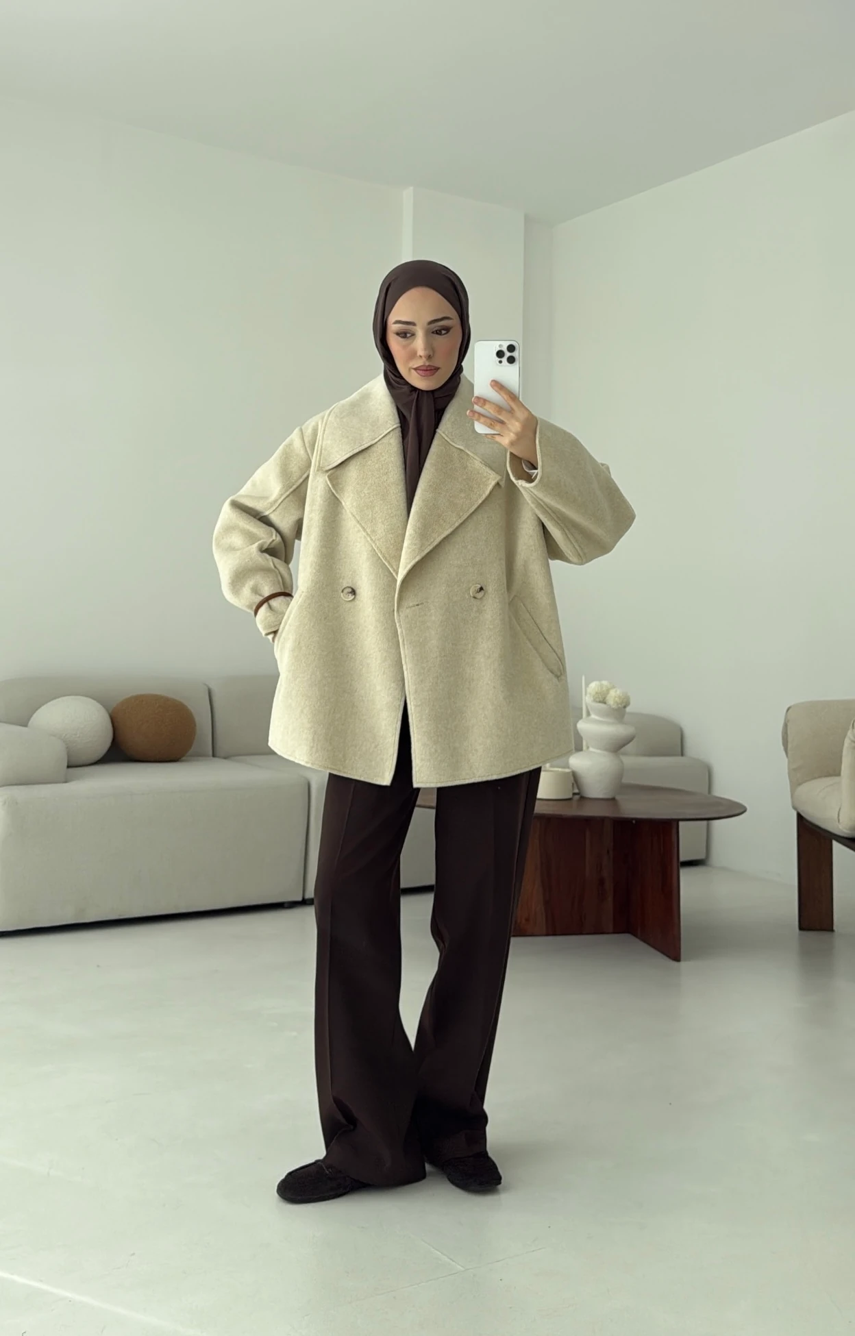 Yumuşak Şal Yaka Kaban Bej