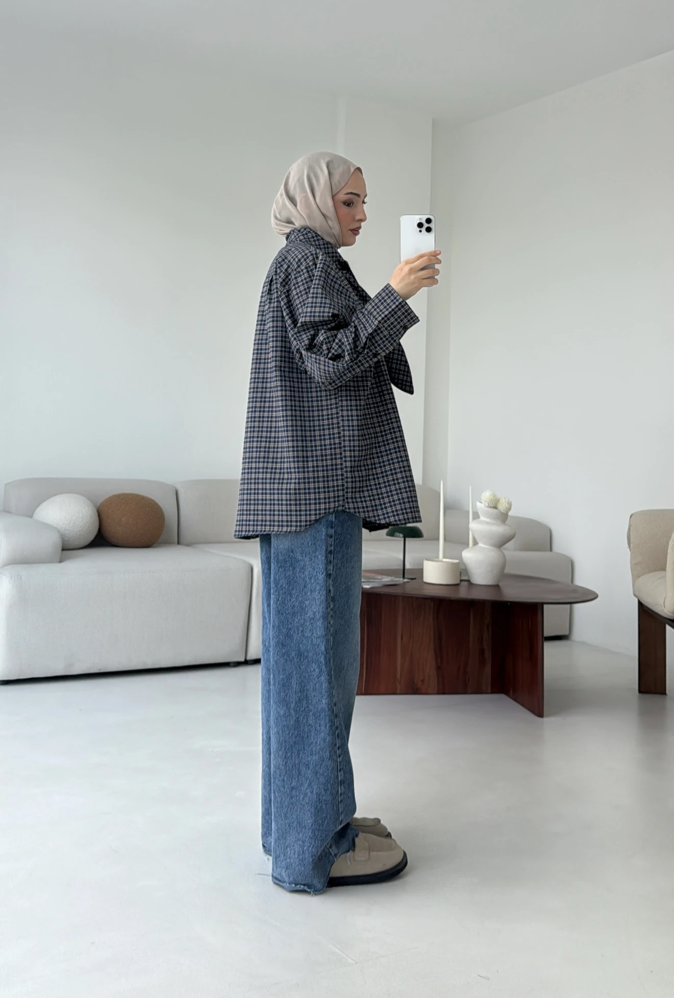 Fular Detay Ekose Gömlek Lacivert 