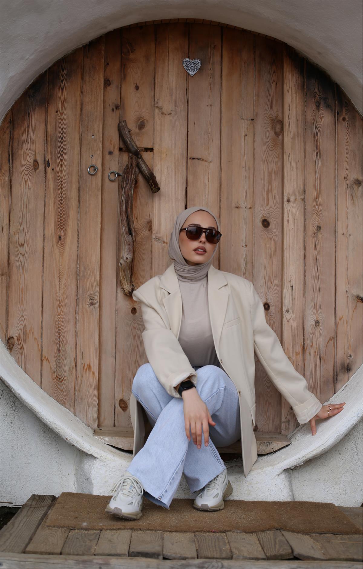 Oversize Kesim Blazer Ceket Bej