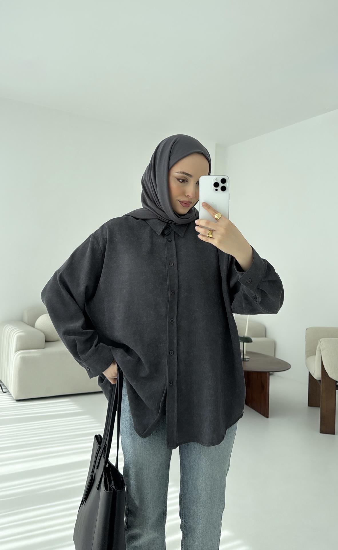 Batik Bambu Keten Gömlek Antrasit