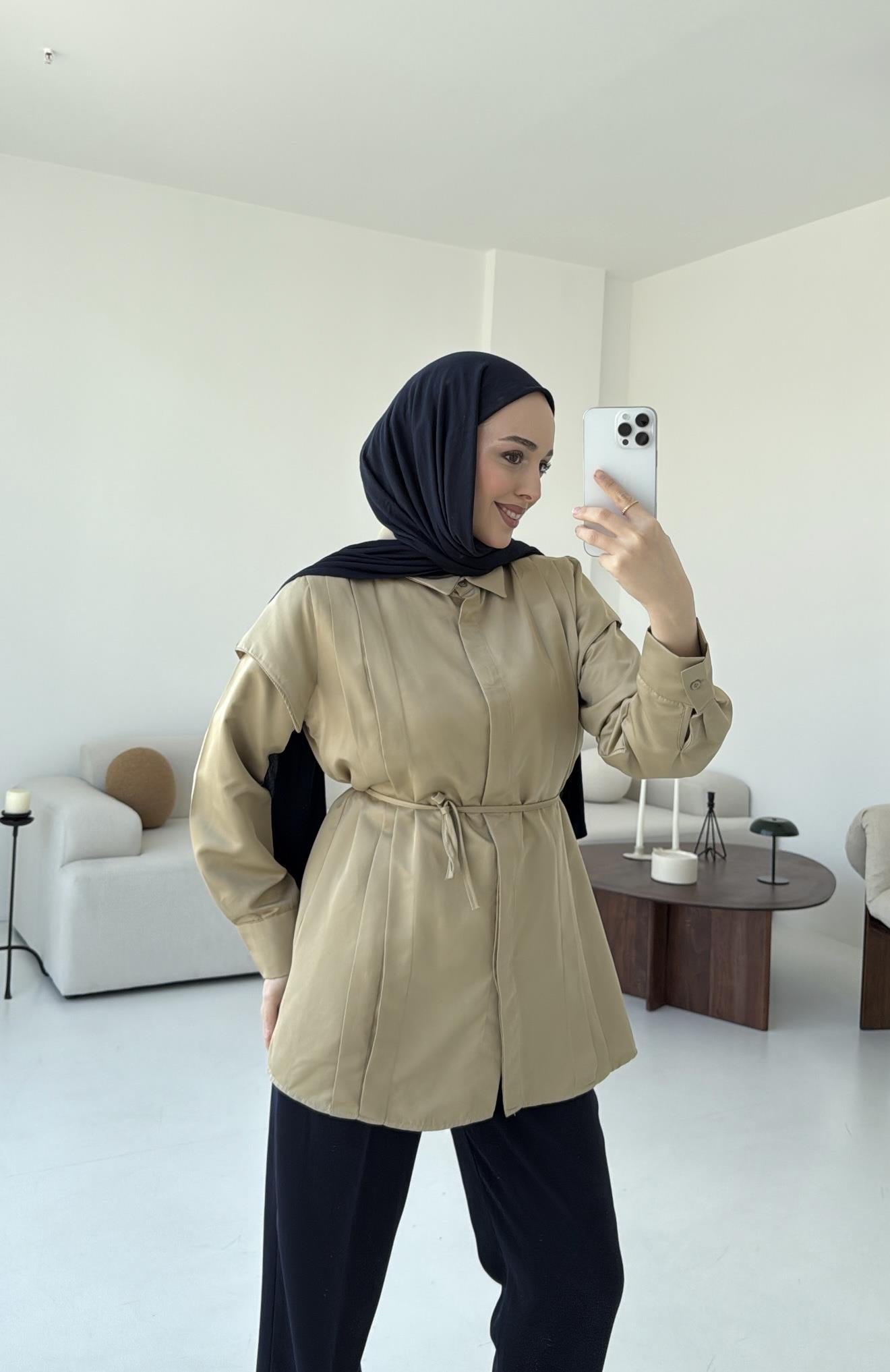 Çift Pileli Saten Bağlamalı Gömlek Olive