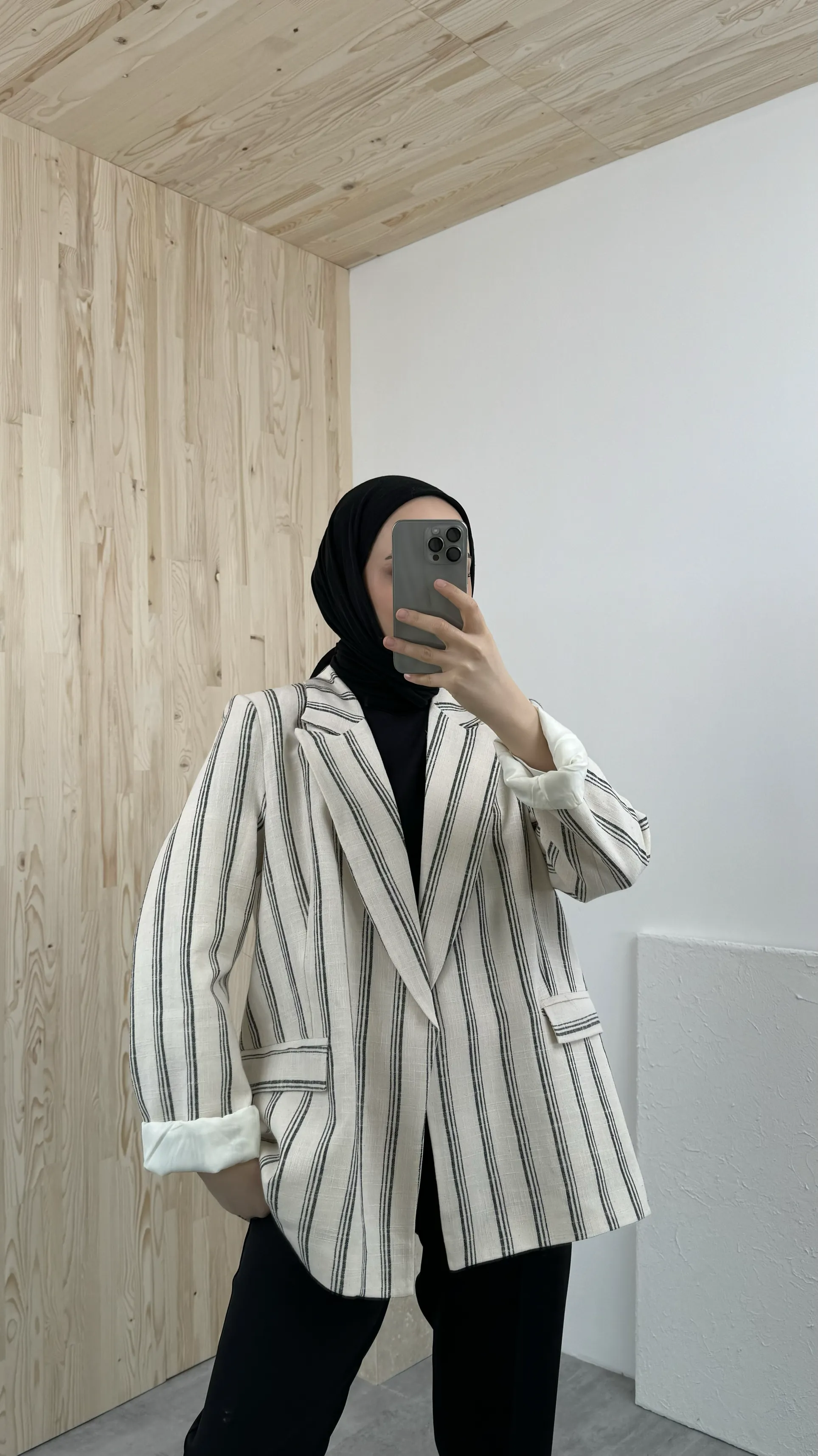 Çizgili Keten Blazer Ceket Siyah